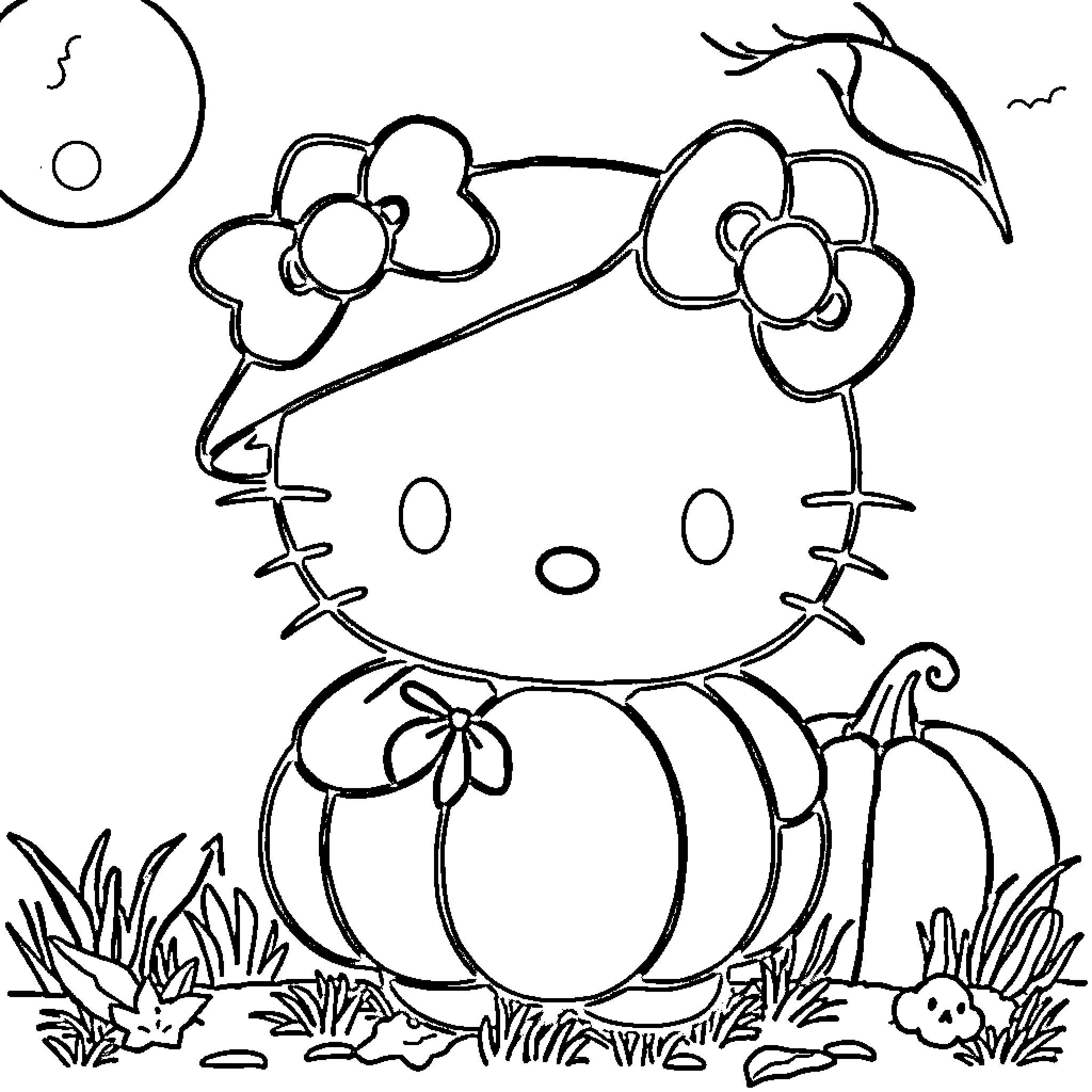 Hello Kitty in a pumpkin patch Coloring Page (free black-and-white line drawing printable PDF for all, from beginners to advanced learners, including children, teens, adults, and seniors)