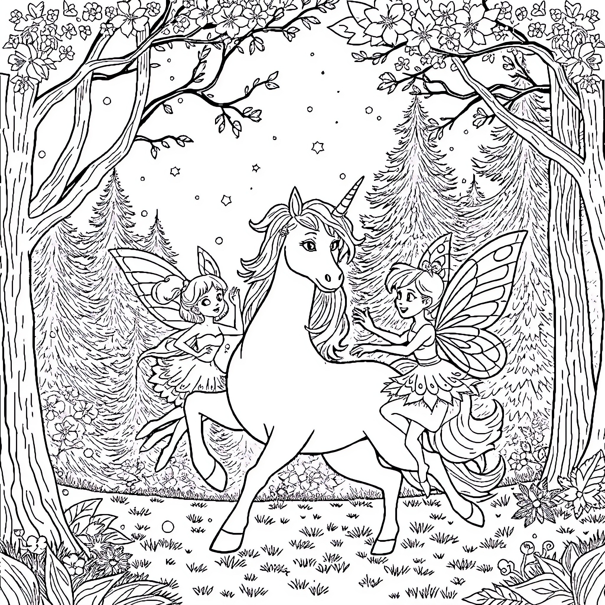 Unicorn and Fairy Companions in Enchanted Forest Coloring Page (free black-and-white line drawing printable PDF for all, from beginners to advanced learners, including children, teens, adults, and seniors)