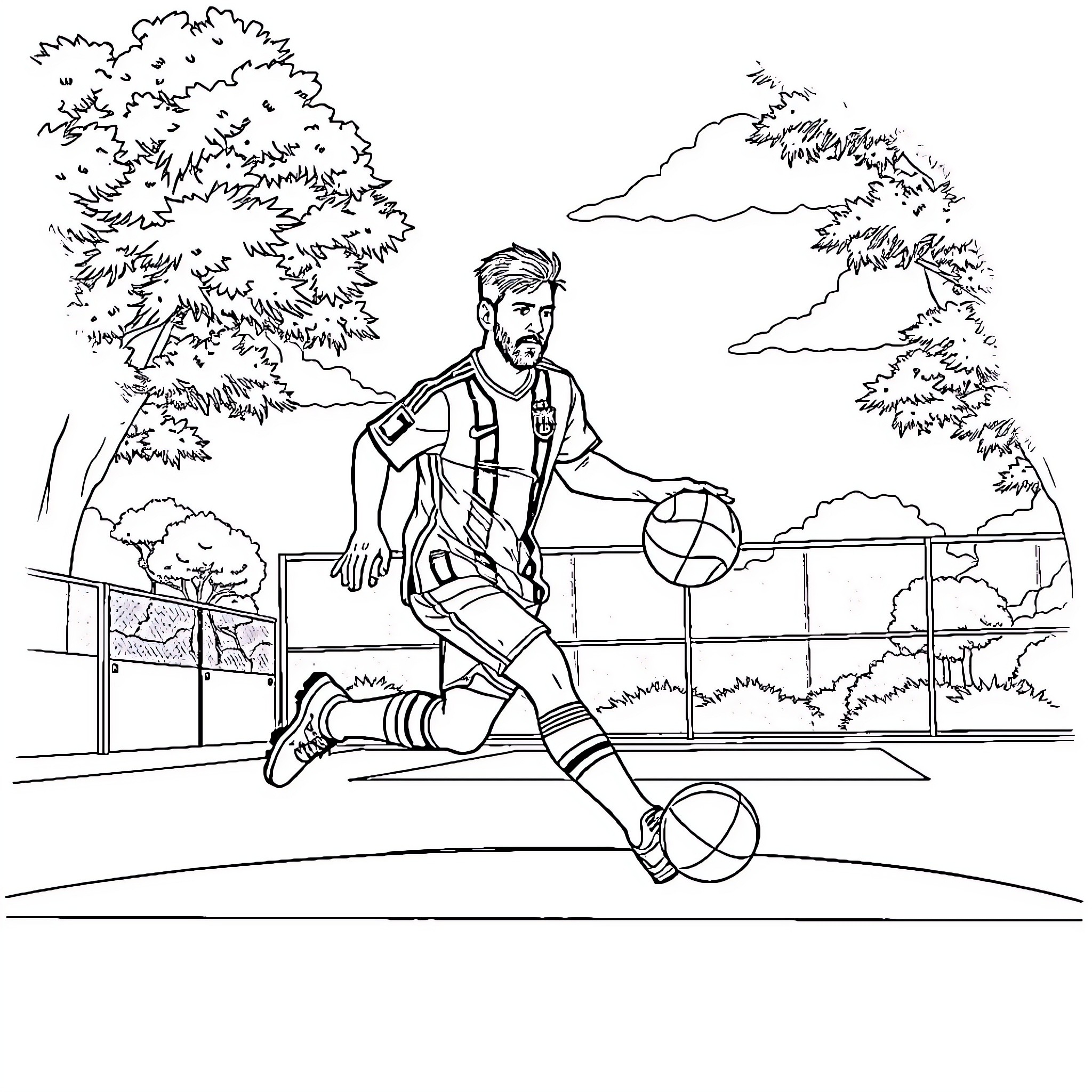 Messi playing soccer on field with trees Coloring Page (free black-and-white line drawing printable PDF for all, from beginners to advanced learners, including children, teens, adults, and seniors)