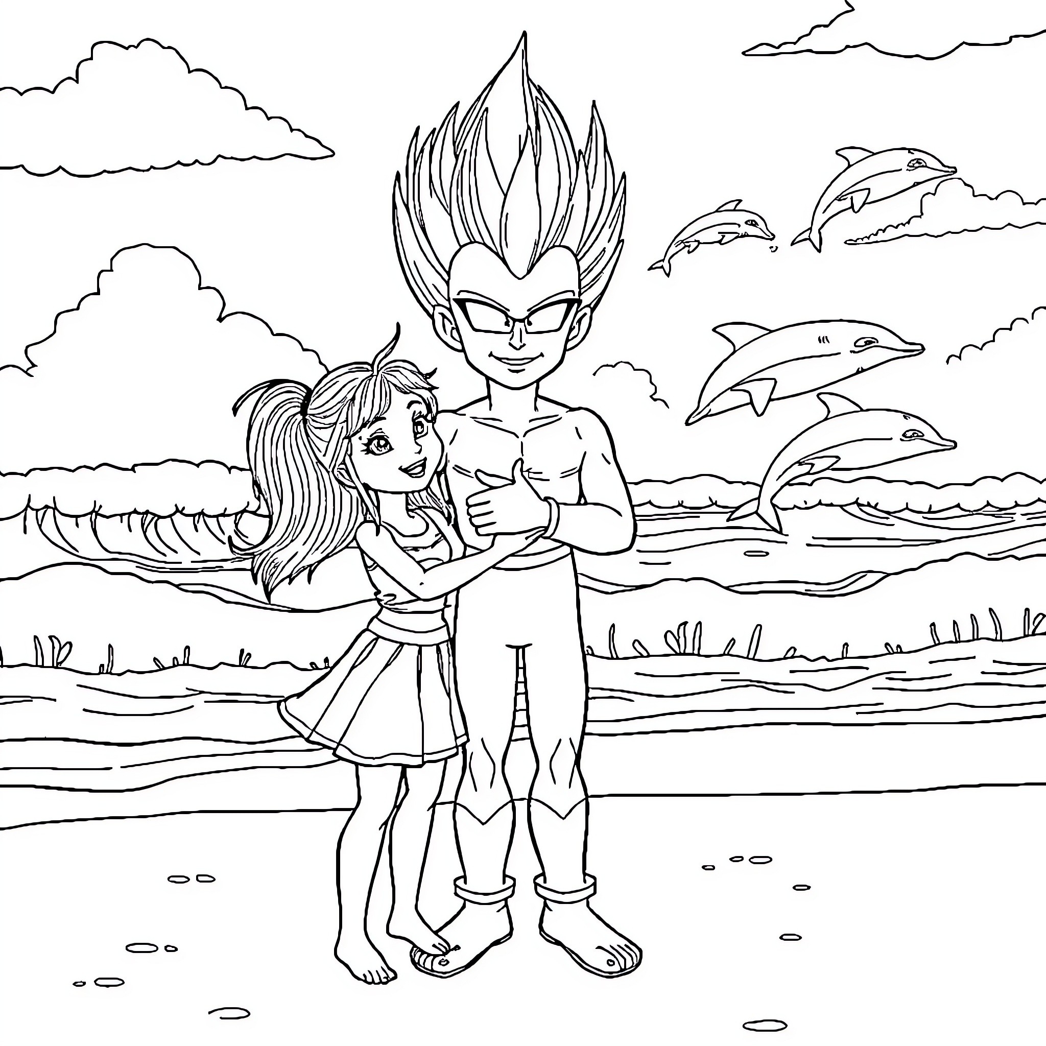 Vegeta and Bulma's Beachside Adventure Coloring Page (free black-and-white line drawing printable PDF for all, from beginners to advanced learners, including children, teens, adults, and seniors)