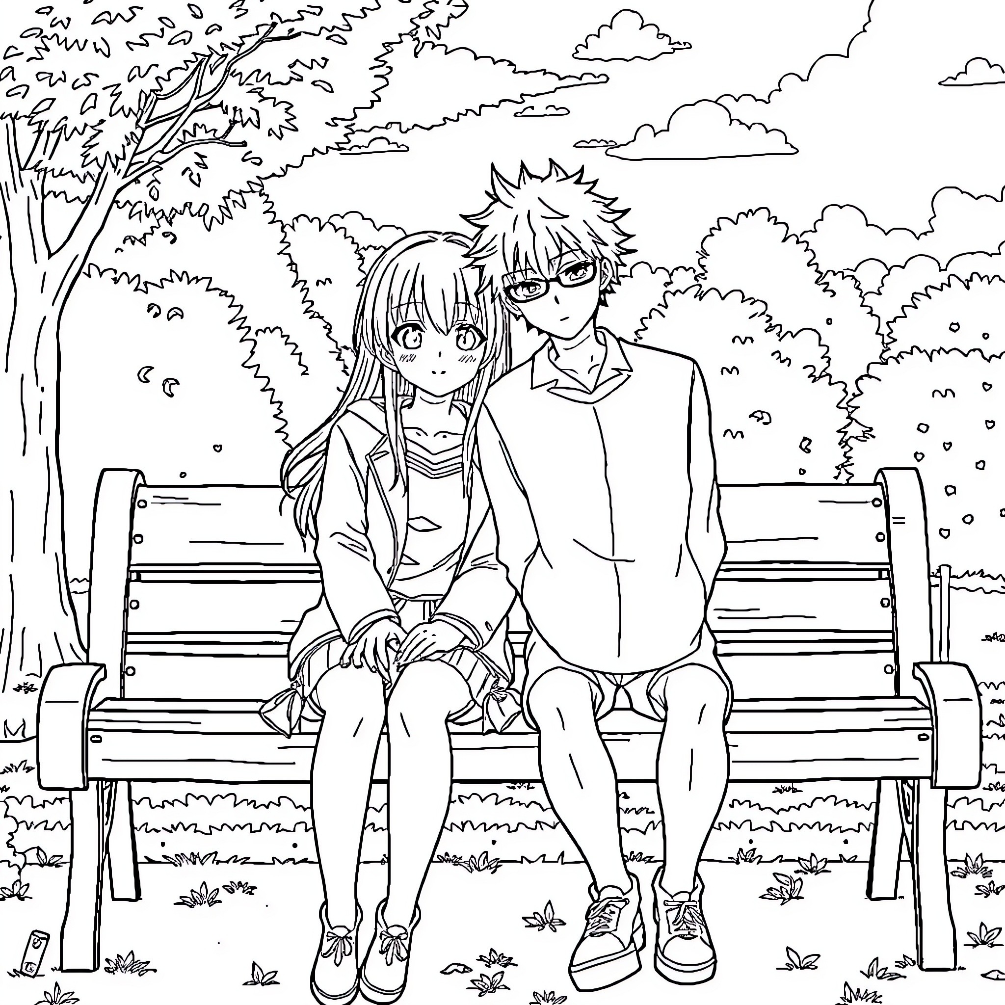 Taiga - Couple Enjoying a Peaceful Moment Outdoors Coloring Page (free black-and-white line drawing printable PDF for all, from beginners to advanced learners, including children, teens, adults, and seniors)