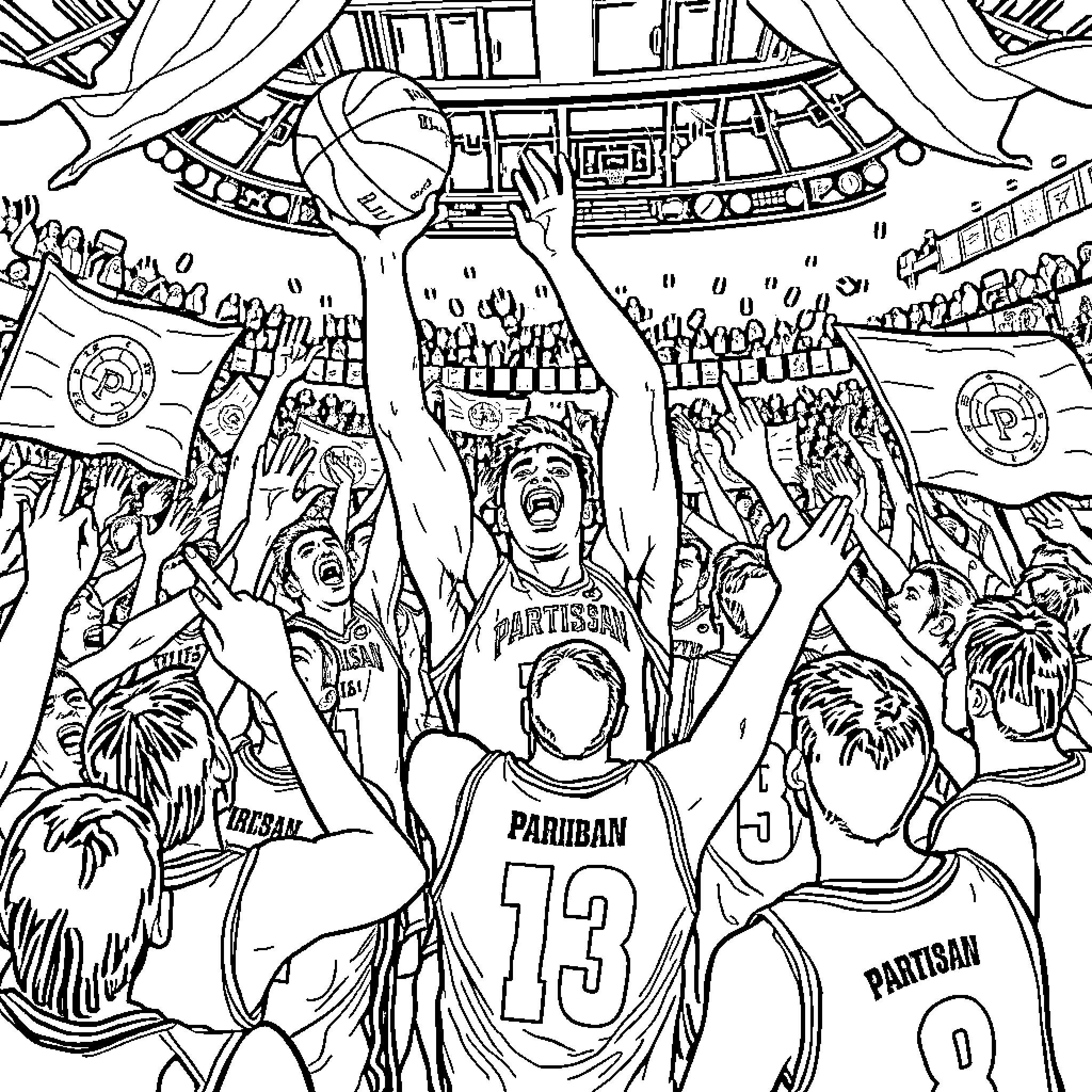 Partizan BC: Exciting Basketball Game with Energetic Fans Coloring Page (free black-and-white line drawing printable PDF for all, from beginners to advanced learners, including children, teens, adults, and seniors)