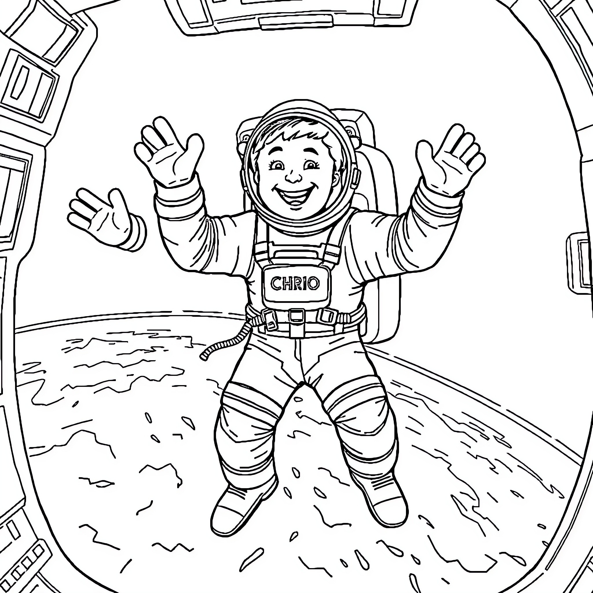 Astronaut waving with enthusiasm in space Coloring Page (free black-and-white line drawing printable PDF for all, from beginners to advanced learners, including children, teens, adults, and seniors)