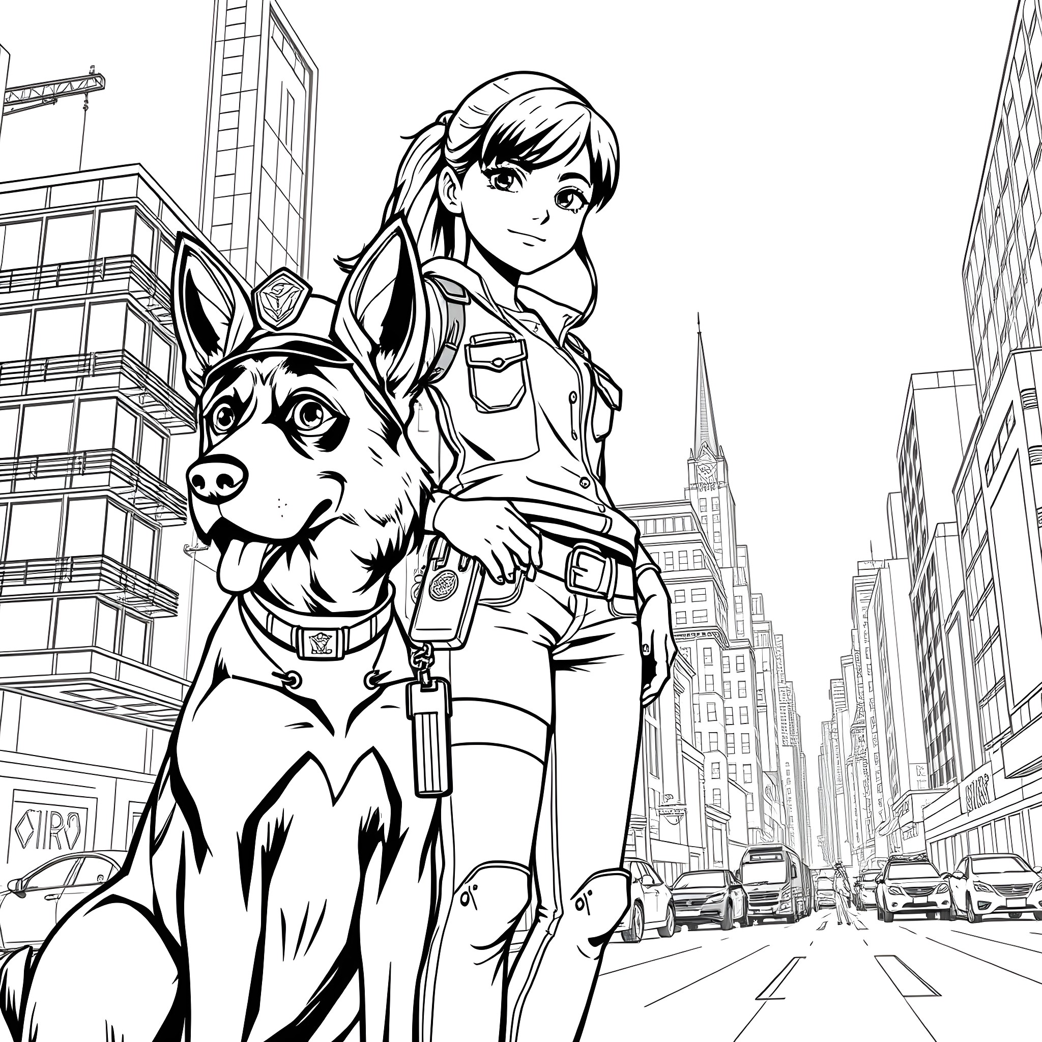 Teen Girl with Friendly Dog in the City Coloring Page (free black-and-white line drawing printable PDF for all, from beginners to advanced learners, including children, teens, adults, and seniors)