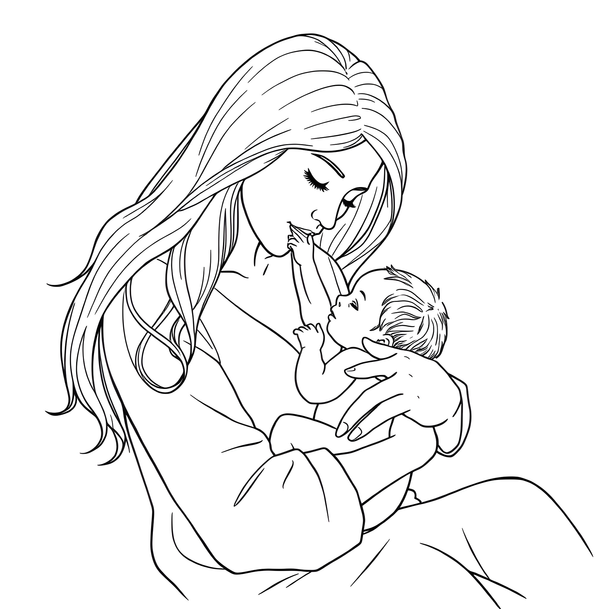 Woman lovingly holding and cradling a baby Coloring Page (free black-and-white line drawing printable PDF for all, from beginners to advanced learners, including children, teens, adults, and seniors)