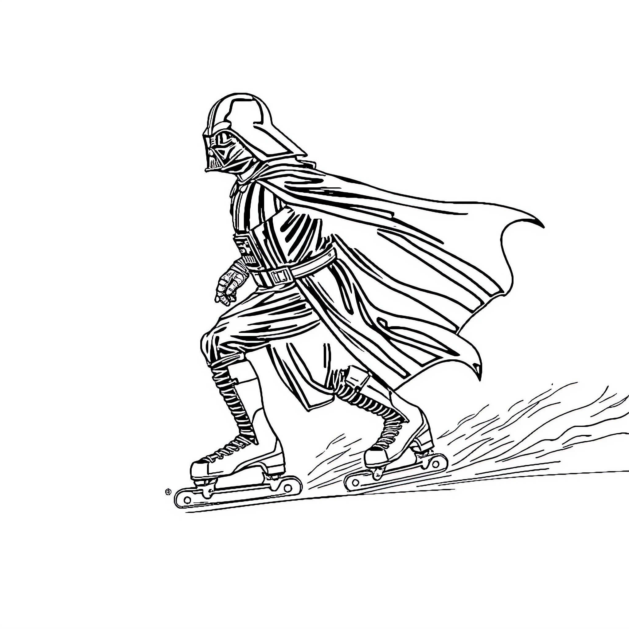 Darth Vader speeding on roller skates Coloring Page (free black-and-white line drawing printable PDF for all, from beginners to advanced learners, including children, teens, adults, and seniors)