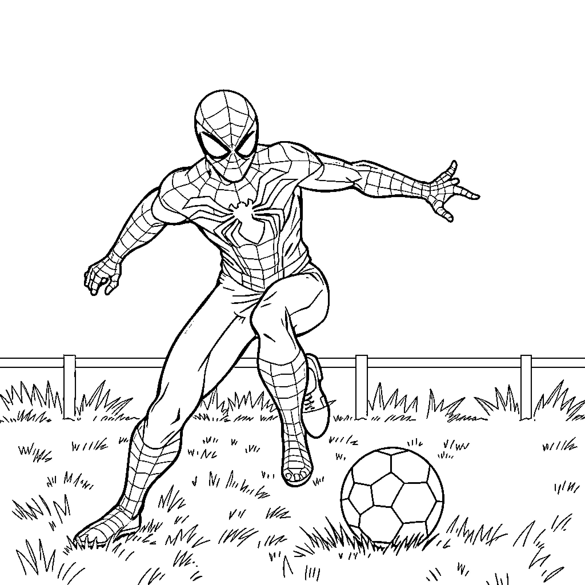 Spider-Man playing soccer on the field Coloring Page (free black-and-white line drawing printable PDF for all, from beginners to advanced learners, including children, teens, adults, and seniors)