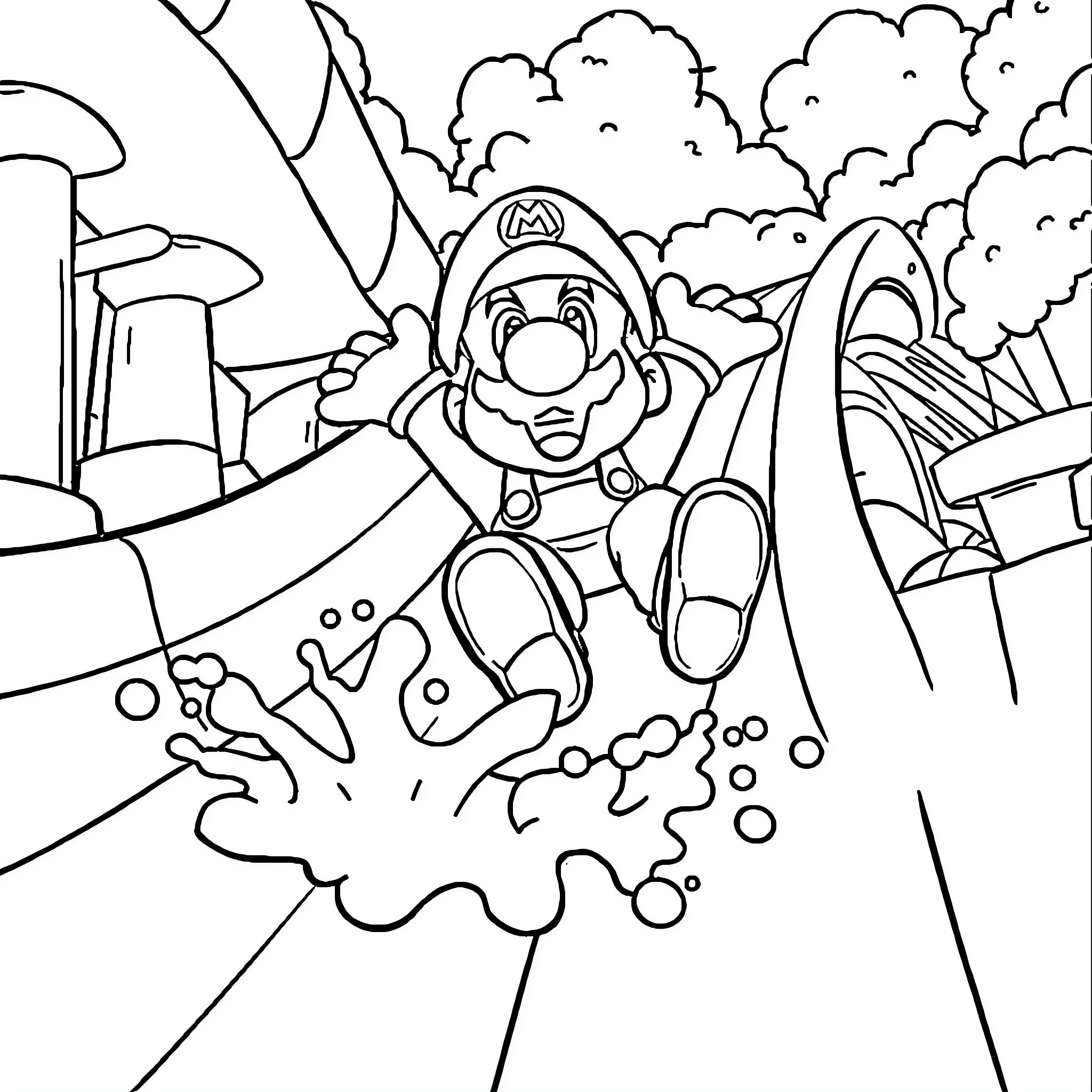 Mario jumping through the air in an adventure scene Coloring Page (free black-and-white line drawing printable PDF for all, from beginners to advanced learners, including children, teens, adults, and seniors)