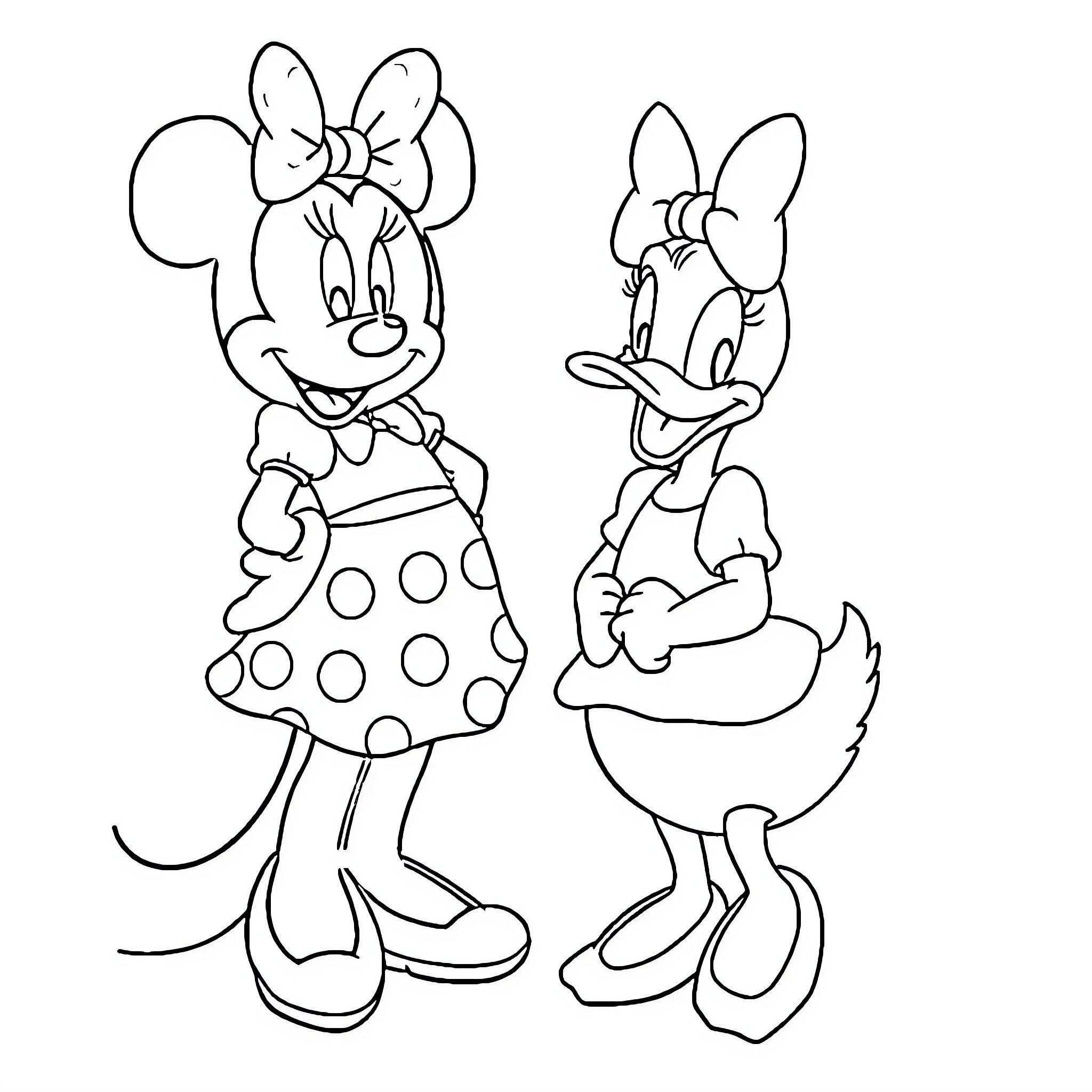 Minnie Mouse and Daisy Duck in cheerful poses Coloring Page (free black-and-white line drawing printable PDF for all, from beginners to advanced learners, including children, teens, adults, and seniors)