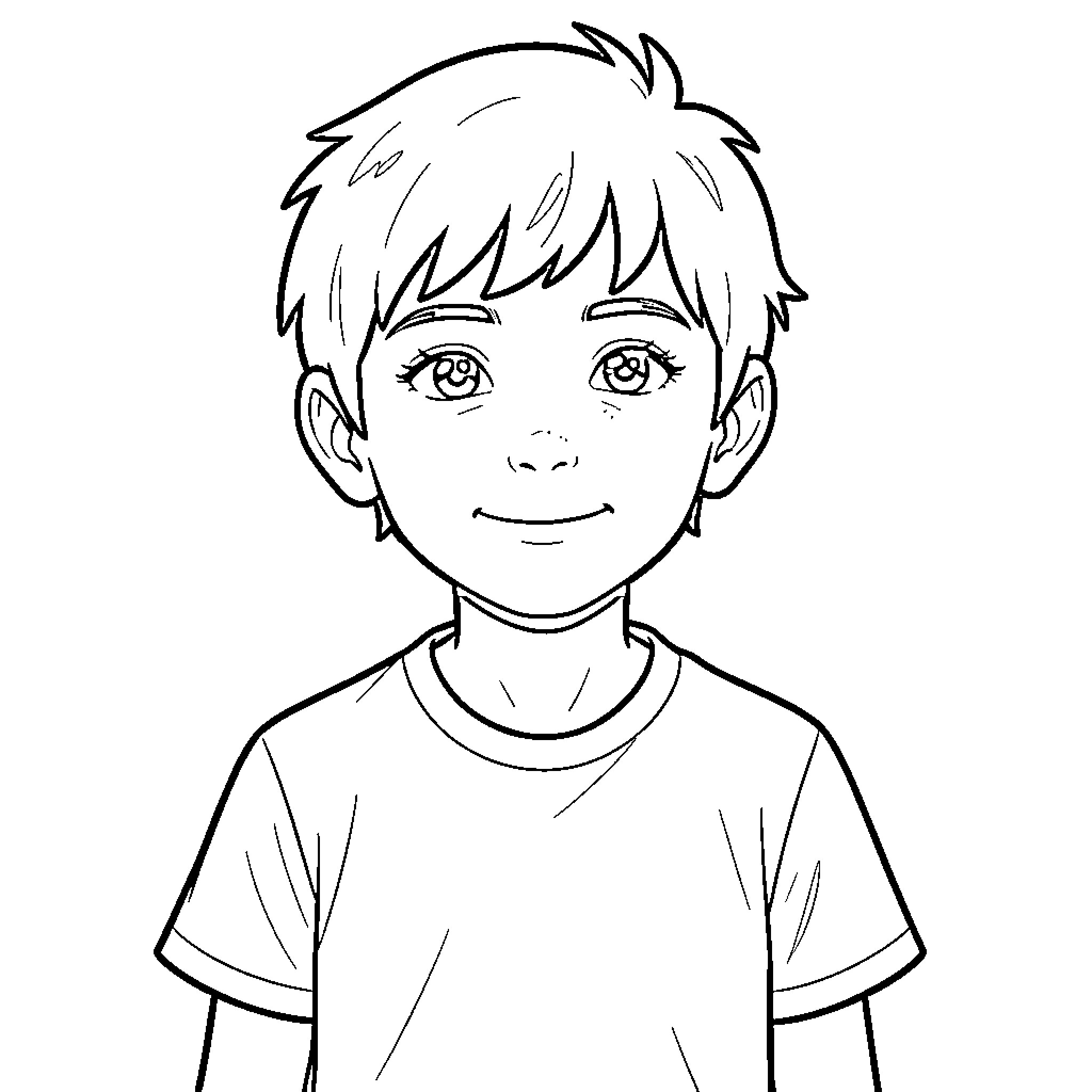 13 Smiling young boy wearing a simple t-shirt Coloring Page (free black-and-white line drawing printable PDF for all, from beginners to advanced learners, including children, teens, adults, and seniors)