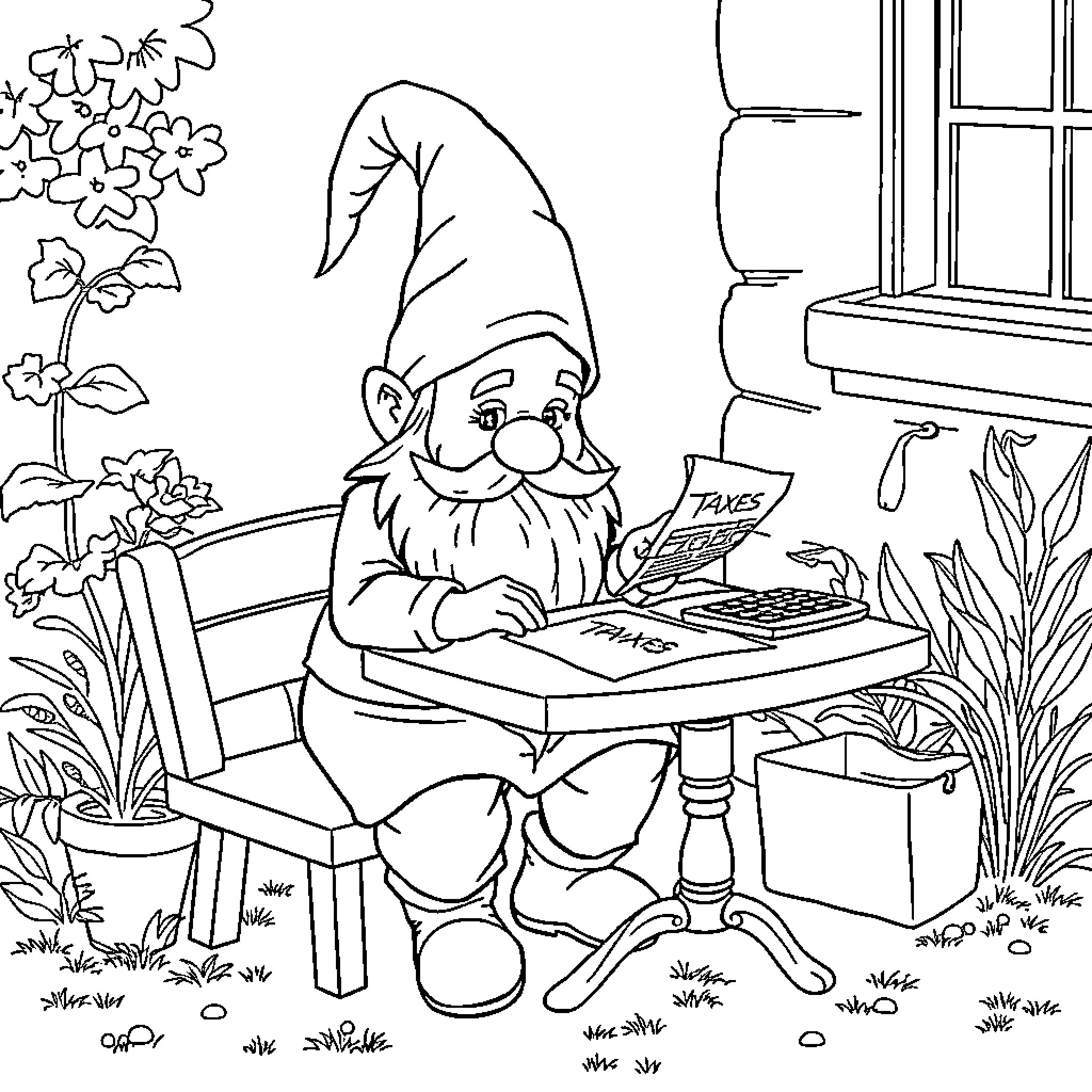 Gnome filing taxes in cozy home setting Coloring Page (free black-and-white line drawing printable PDF for all, from beginners to advanced learners, including children, teens, adults, and seniors)