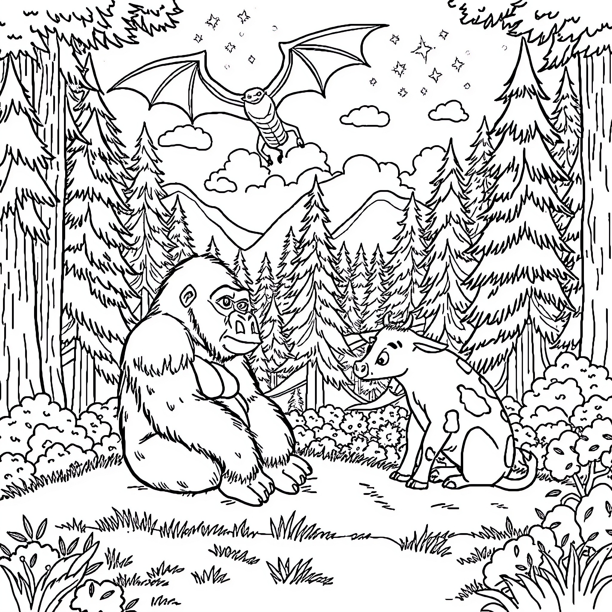 Gorillas playing in the magical forest Coloring Page (free black-and-white line drawing printable PDF for all, from beginners to advanced learners, including children, teens, adults, and seniors)