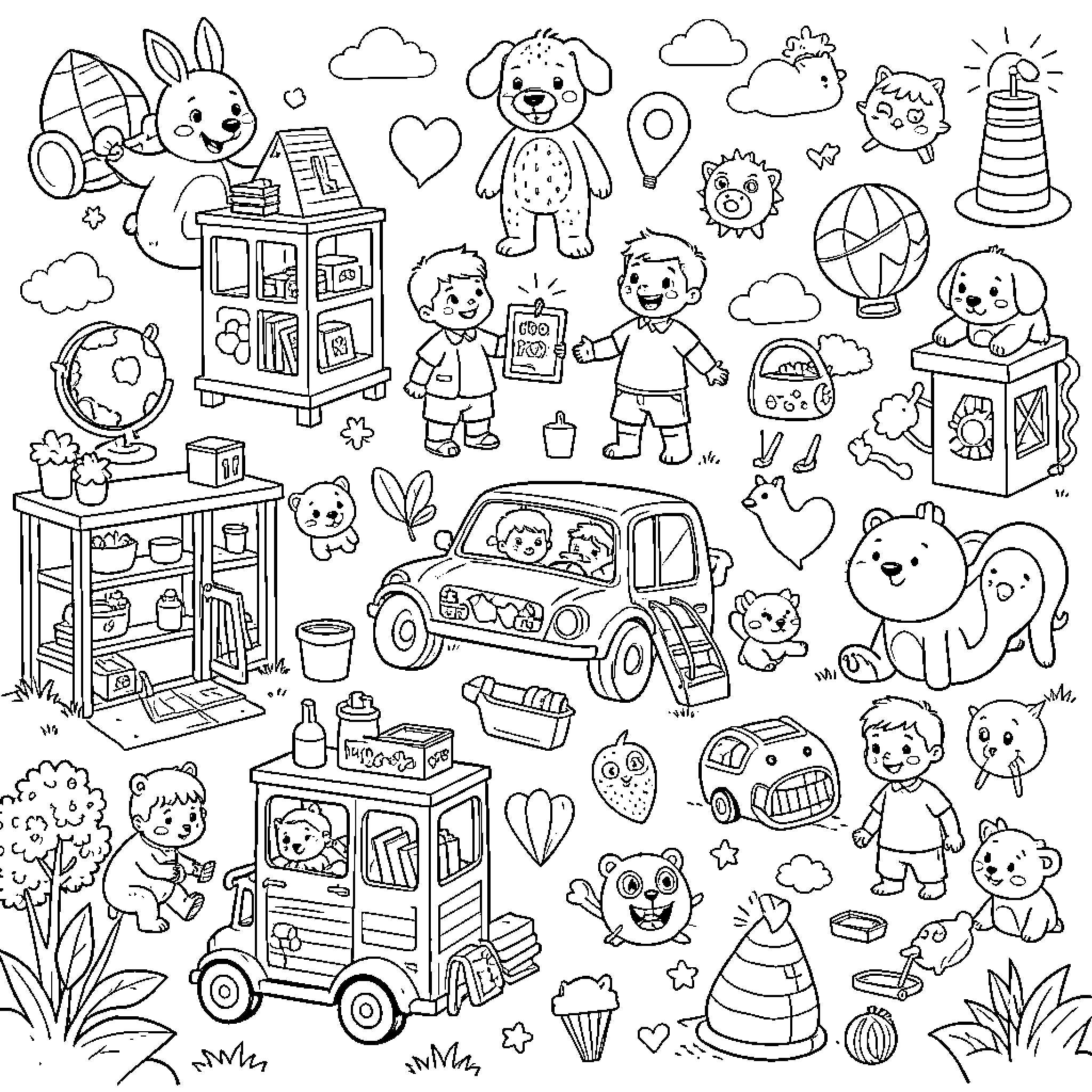 Drawing children playing with various toys and animals Coloring Page (free black-and-white line drawing printable PDF for all, from beginners to advanced learners, including children, teens, adults, and seniors)