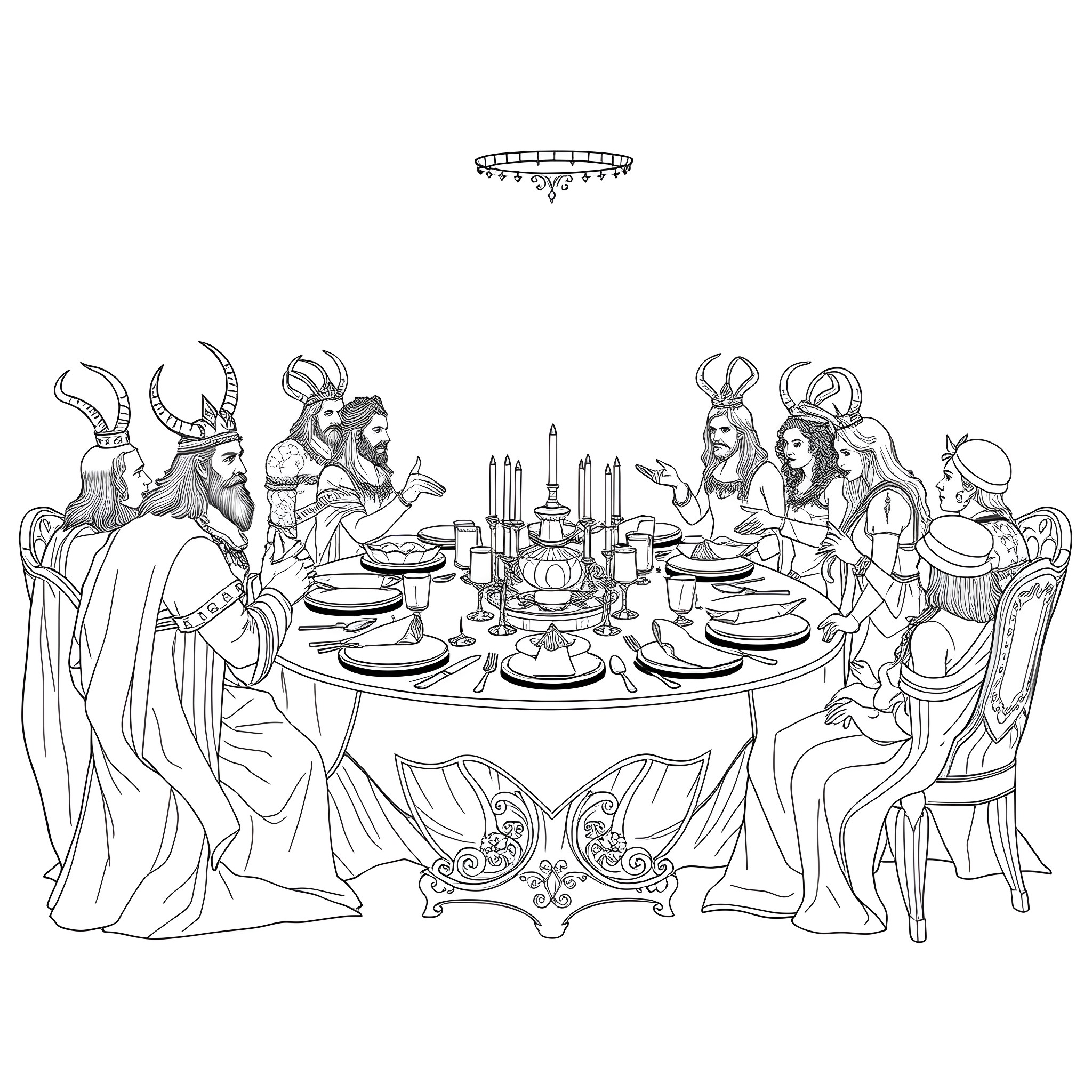 Demon Royals Feasting at a Lavish Banquet Coloring Page (free black-and-white line drawing printable PDF for all, from beginners to advanced learners, including children, teens, adults, and seniors)
