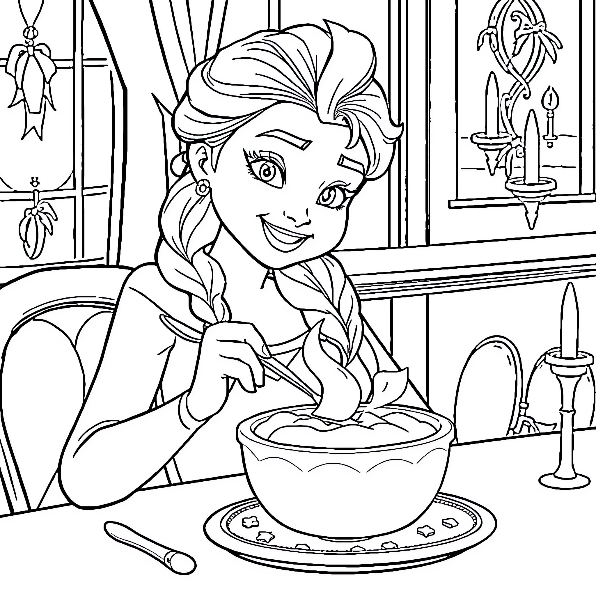 Princess Elsa Cooking a Meal in the Kitchen Coloring Page (free black-and-white line drawing printable PDF for all, from beginners to advanced learners, including children, teens, adults, and seniors)