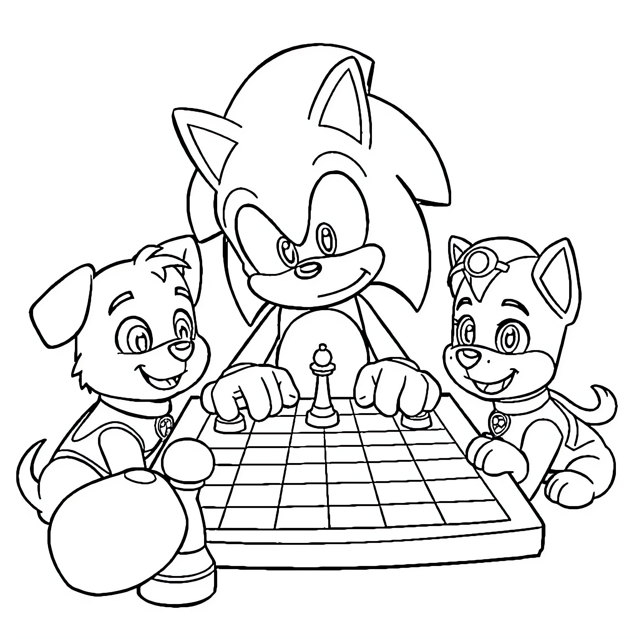 Sonic and friends playing a board game together Coloring Page (free black-and-white line drawing printable PDF for all, from beginners to advanced learners, including children, teens, adults, and seniors)
