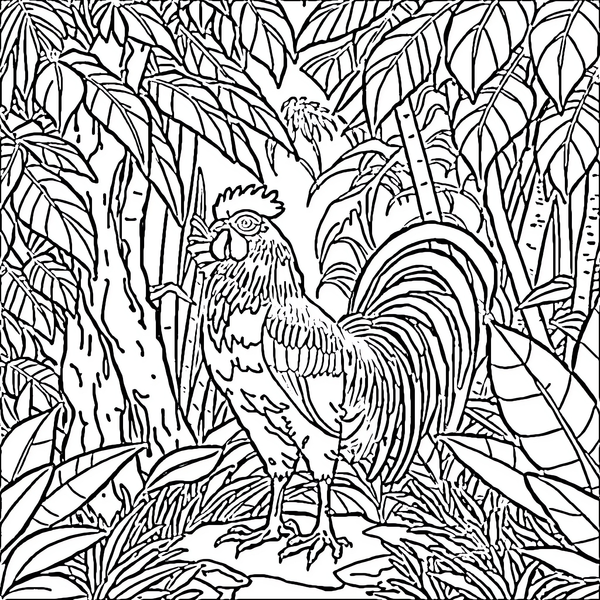 Rooster standing in the lush tropical foliage Coloring Page (free black-and-white line drawing printable PDF for all, from beginners to advanced learners, including children, teens, adults, and seniors)