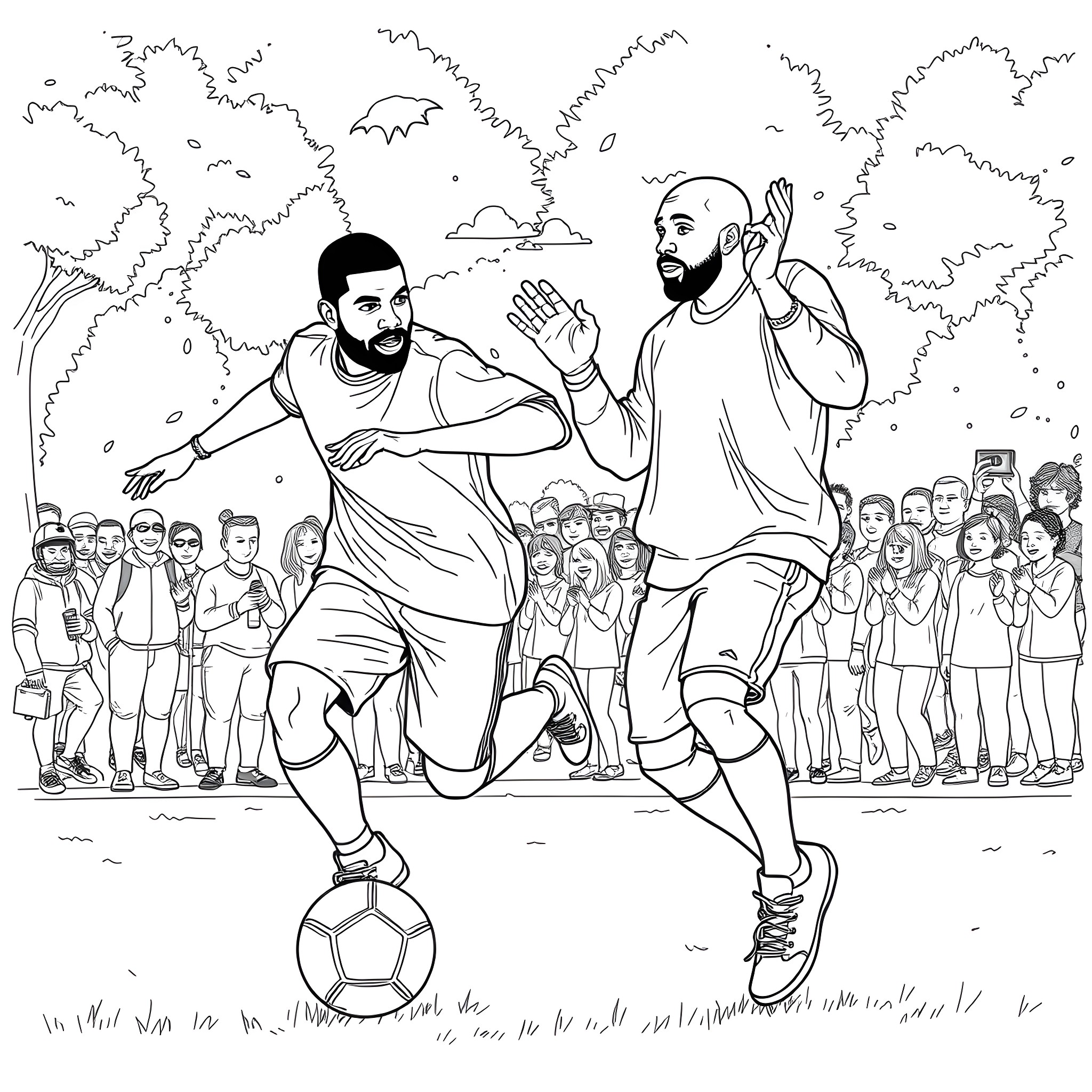 Drake Celebrates Victory with Fans on the Field Coloring Page (free black-and-white line drawing printable PDF for all, from beginners to advanced learners, including children, teens, adults, and seniors)