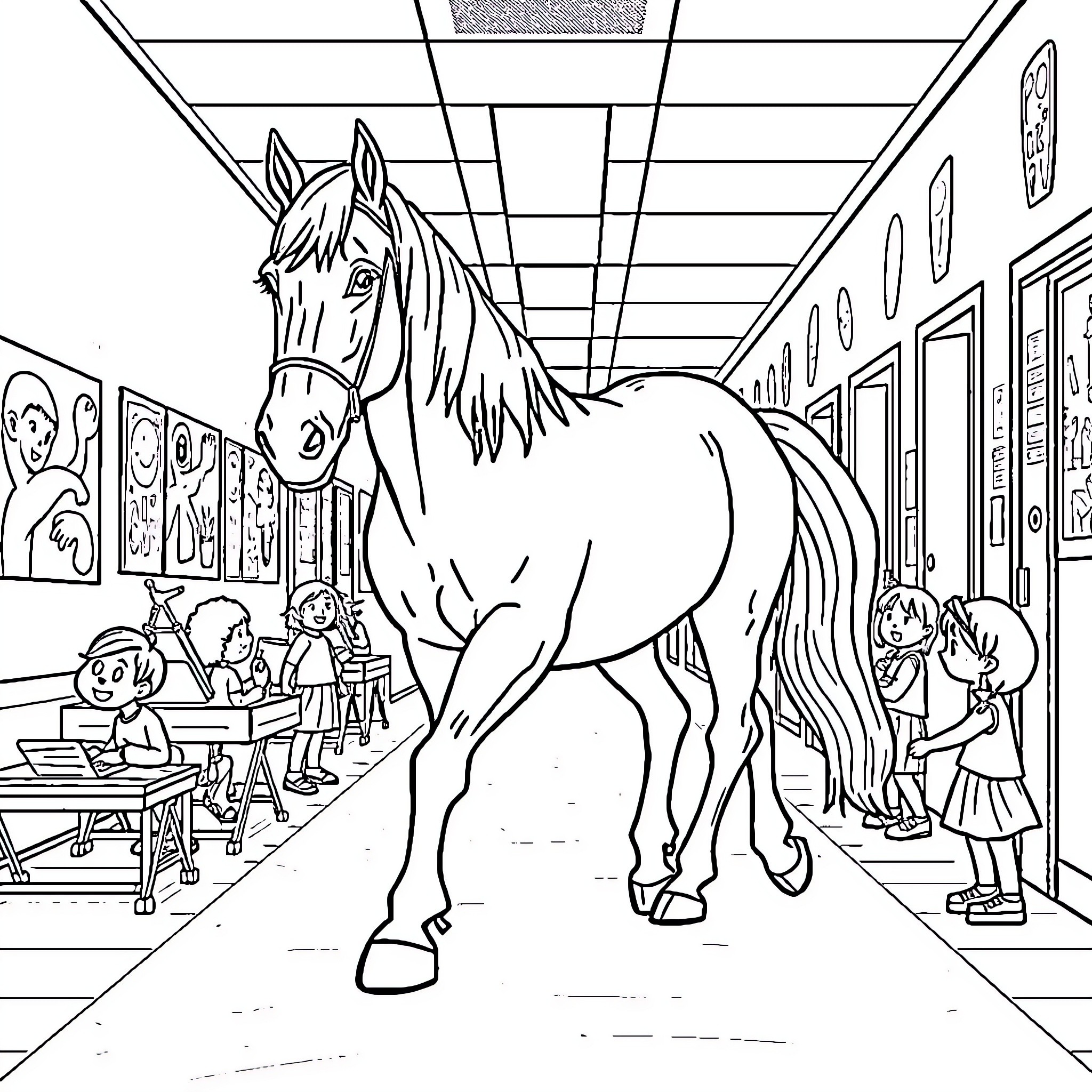 Stallion visiting students in the school hallway Coloring Page (free black-and-white line drawing printable PDF for all, from beginners to advanced learners, including children, teens, adults, and seniors)