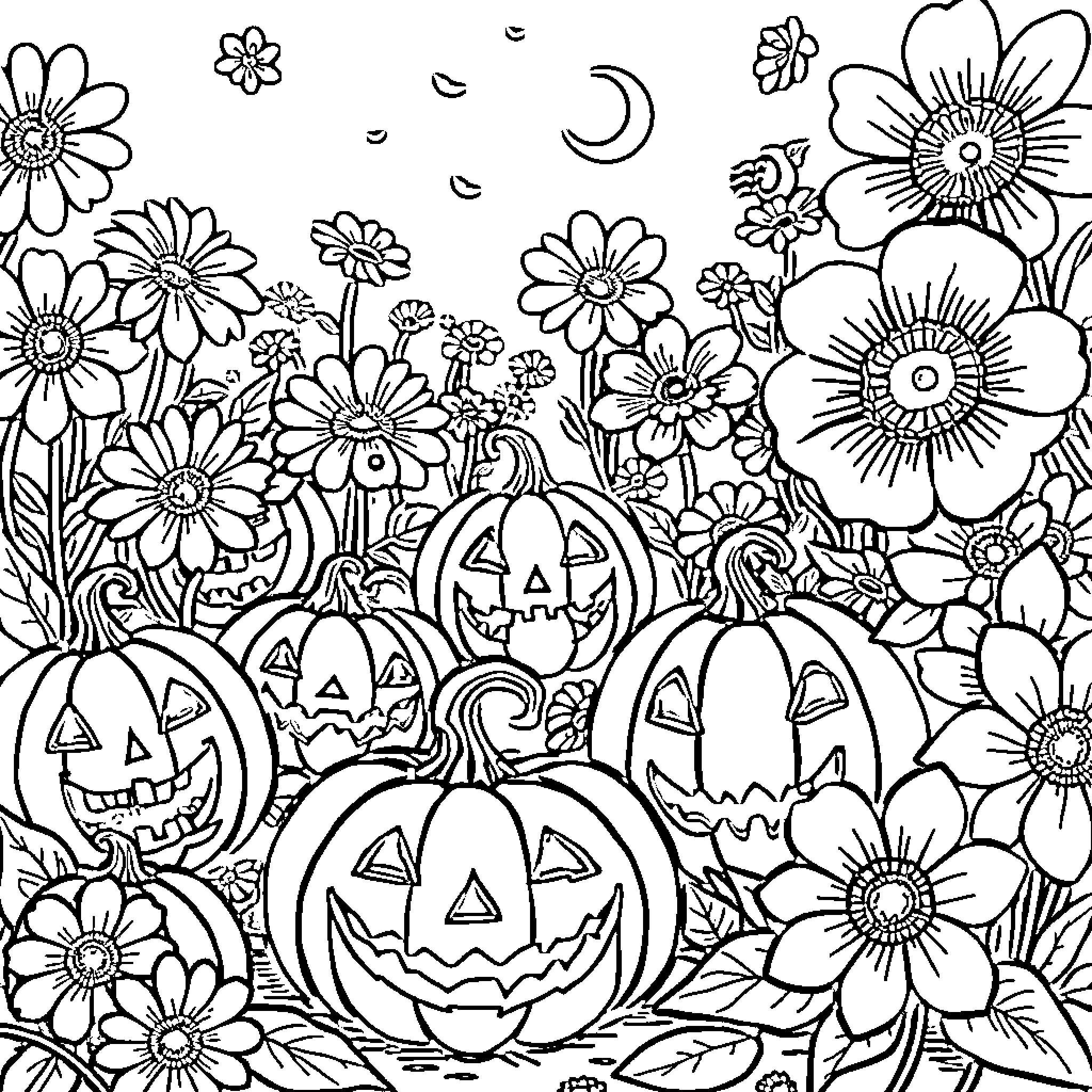 Pumpkin Patch Floral Celebration Coloring Page (free black-and-white line drawing printable PDF for all, from beginners to advanced learners, including children, teens, adults, and seniors)