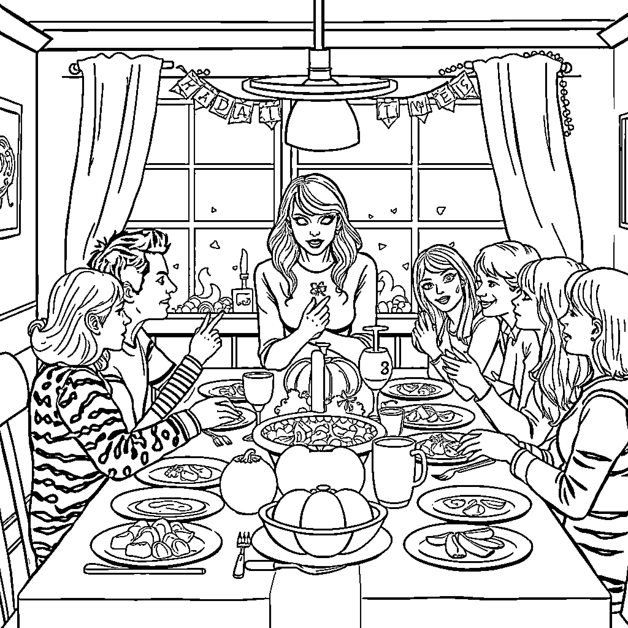 Taylor Swift hosting a cozy dinner party with friends Coloring Page (free black-and-white line drawing printable PDF for all, from beginners to advanced learners, including children, teens, adults, and seniors)