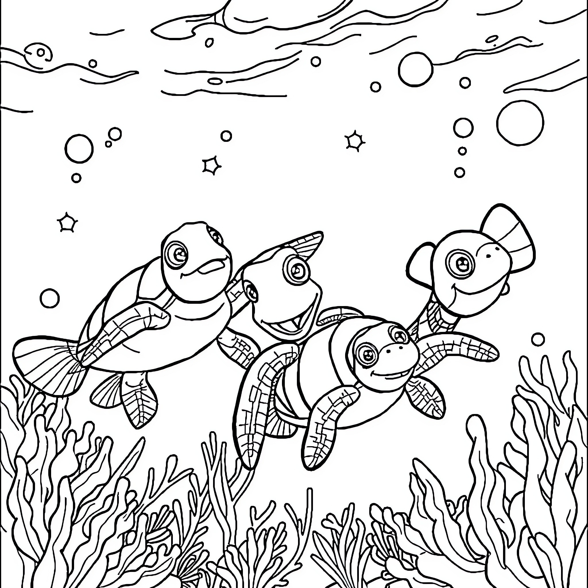 Turtle friends swimming in the underwater scene Coloring Page (free black-and-white line drawing printable PDF for all, from beginners to advanced learners, including children, teens, adults, and seniors)