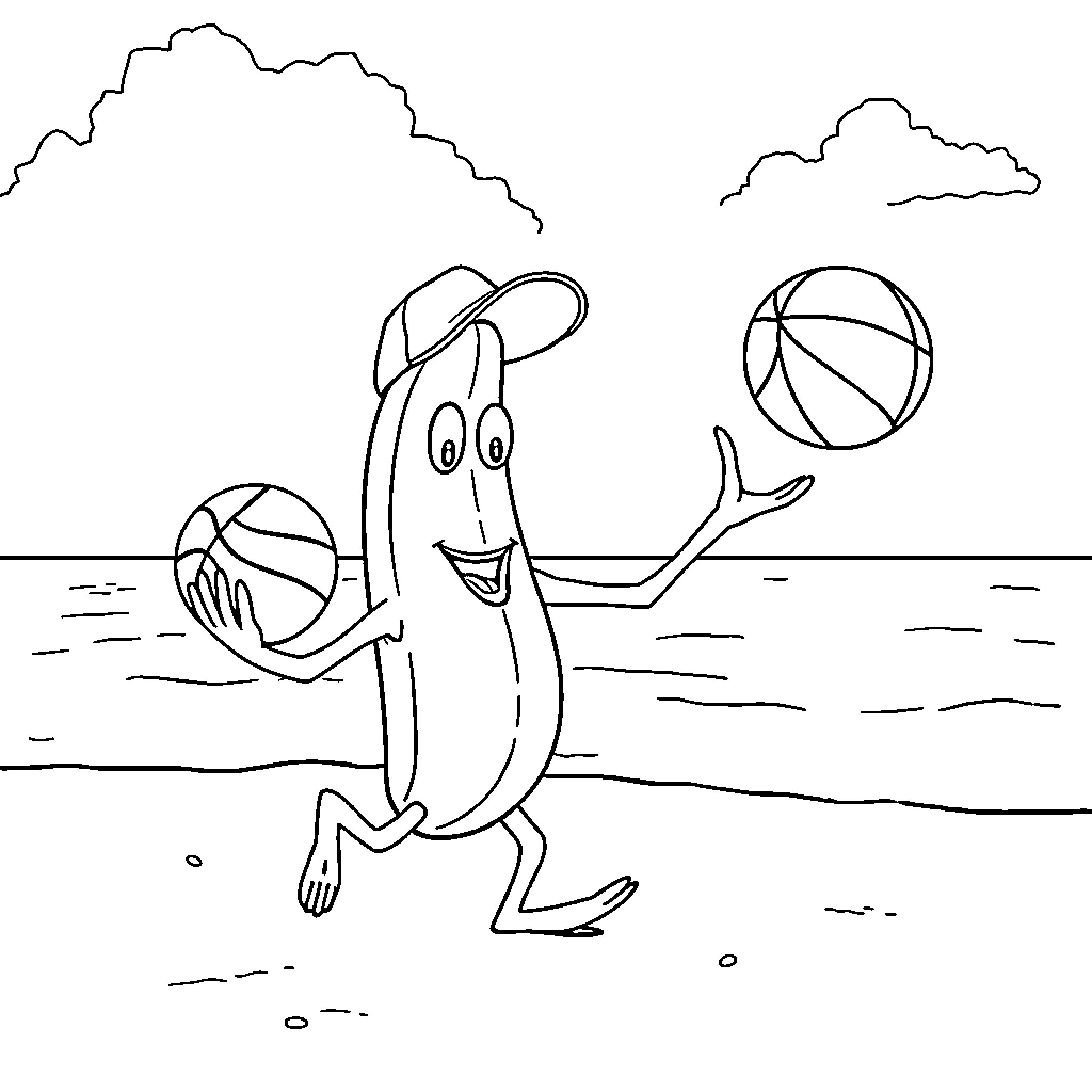 Banana playing with beach balls on the shore Coloring Page (free black-and-white line drawing printable PDF for all, from beginners to advanced learners, including children, teens, adults, and seniors)