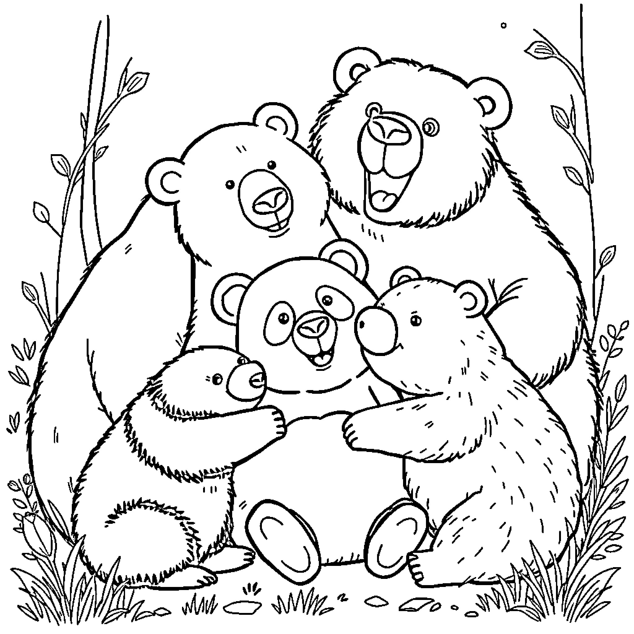 Bear family exploring the wilderness Coloring Page (free black-and-white line drawing printable PDF for all, from beginners to advanced learners, including children, teens, adults, and seniors)