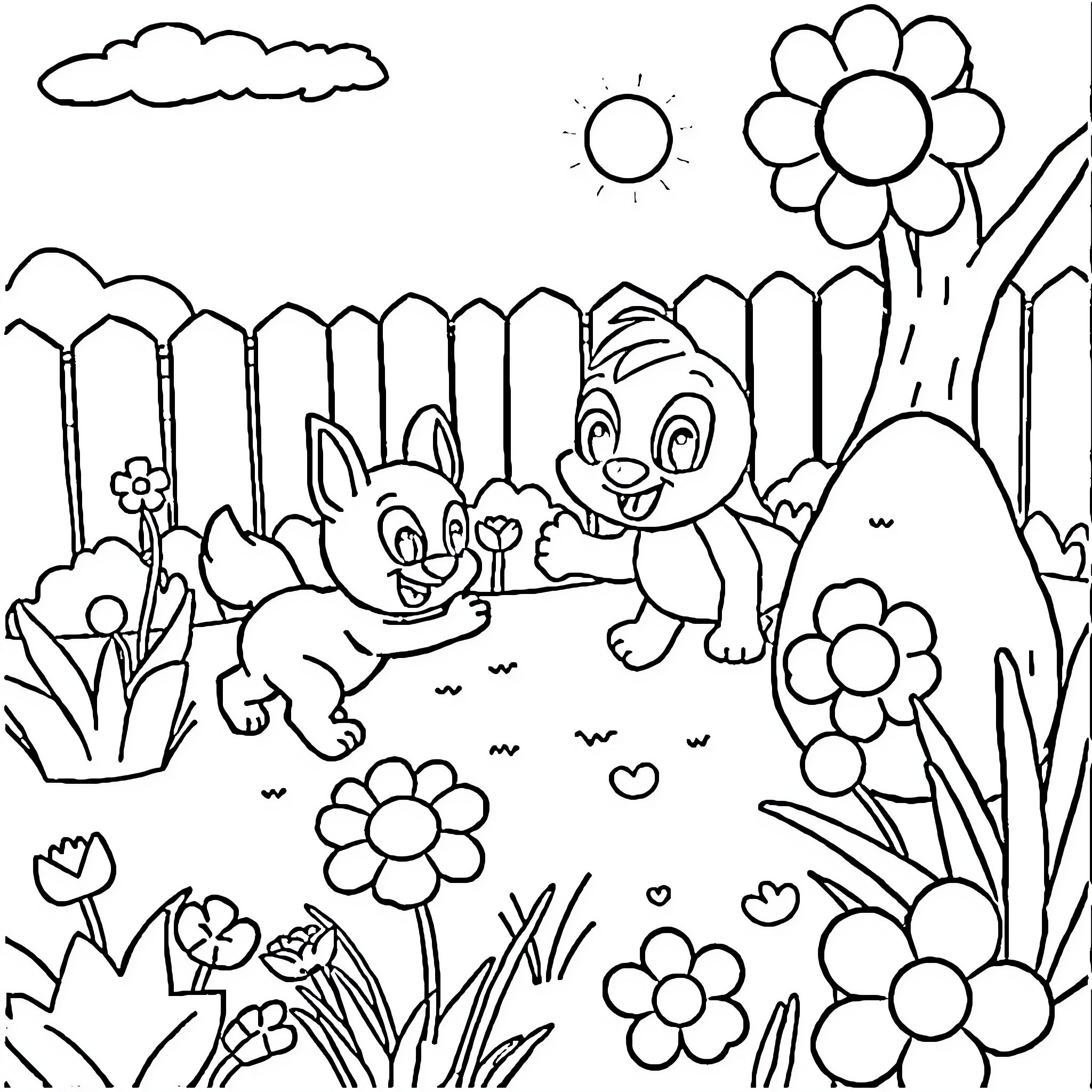 Bluey and friends playing in the garden Coloring Page (free black-and-white line drawing printable PDF for all, from beginners to advanced learners, including children, teens, adults, and seniors)