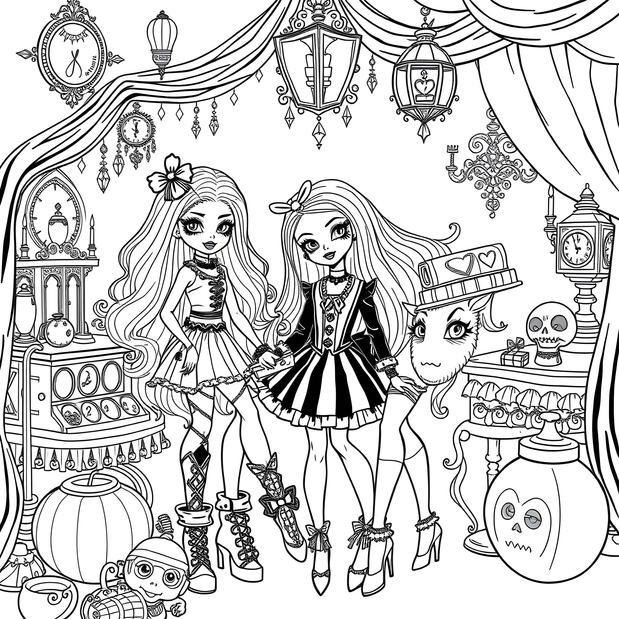 Monster High Doll Fashion Show Backstage Coloring Page (free black-and-white line drawing printable PDF for all, from beginners to advanced learners, including children, teens, adults, and seniors)