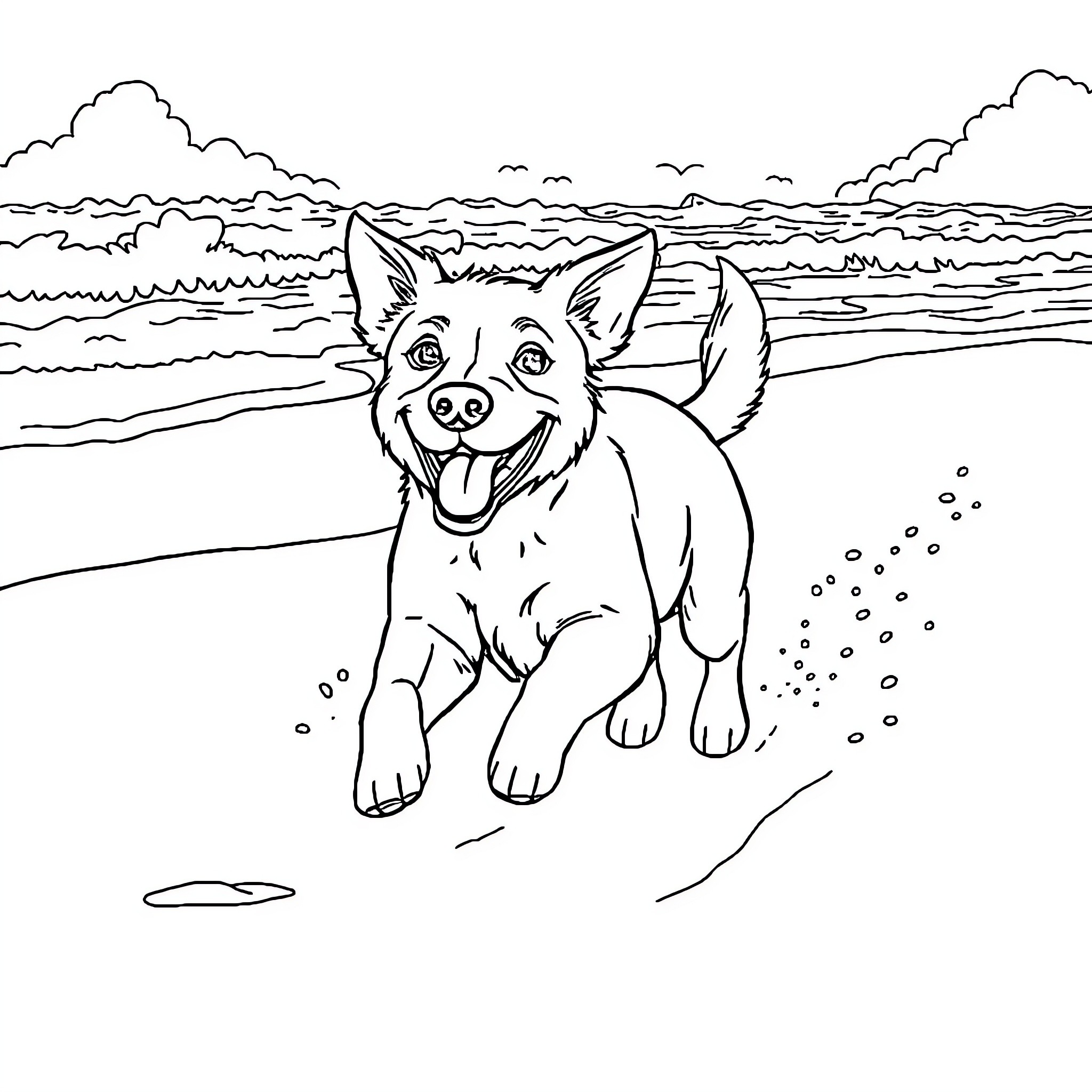 Dog playing happily on the beach Coloring Page (free black-and-white line drawing printable PDF for all, from beginners to advanced learners, including children, teens, adults, and seniors)