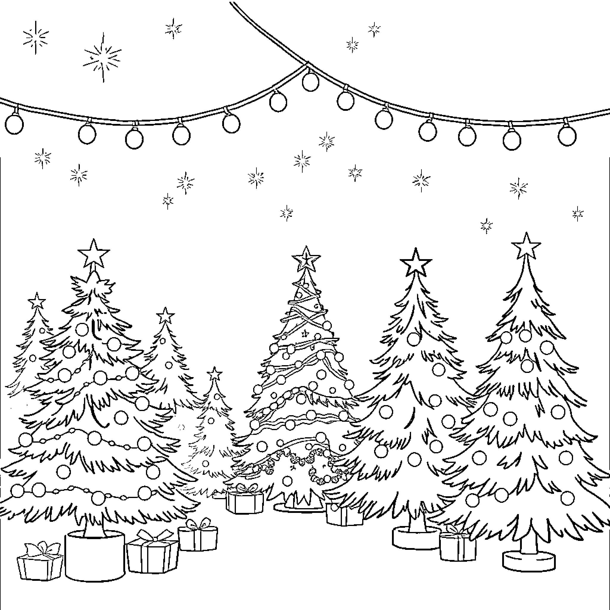 Christmas trees and holiday lights in a winter wonderland Coloring Page (free black-and-white line drawing printable PDF for all, from beginners to advanced learners, including children, teens, adults, and seniors)