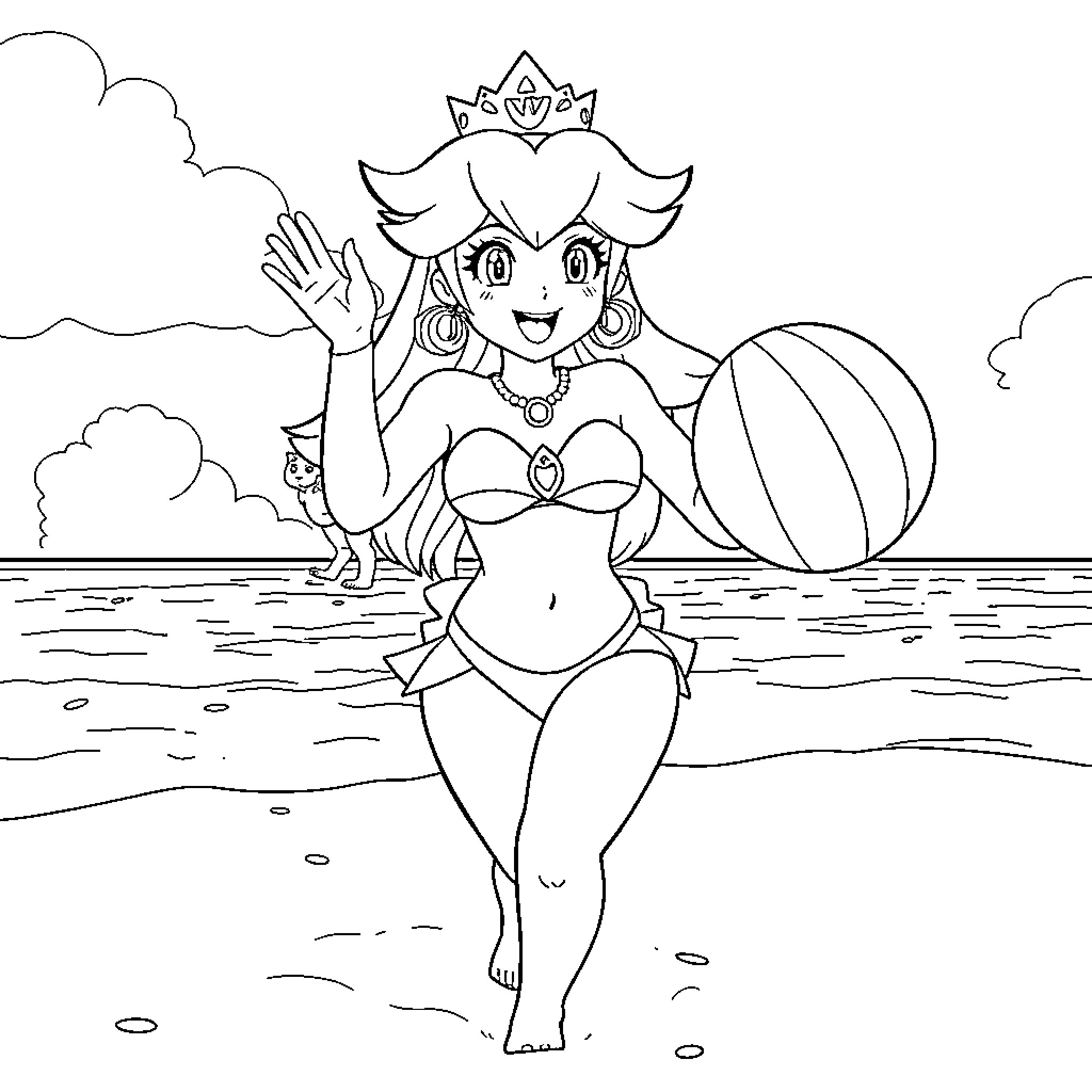 Princess waving by the ocean with ball Coloring Page (free black-and-white line drawing printable PDF for all, from beginners to advanced learners, including children, teens, adults, and seniors)