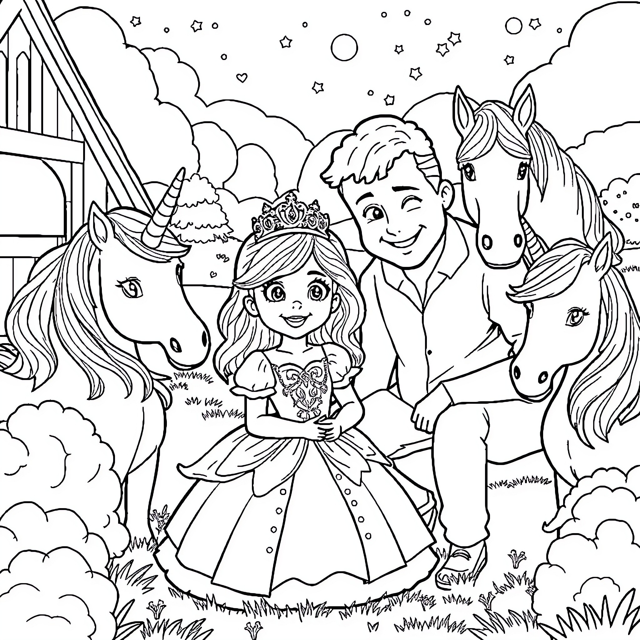 Princess Enjoying Outdoor Adventures with Friends Coloring Page (free black-and-white line drawing printable PDF for all, from beginners to advanced learners, including children, teens, adults, and seniors)