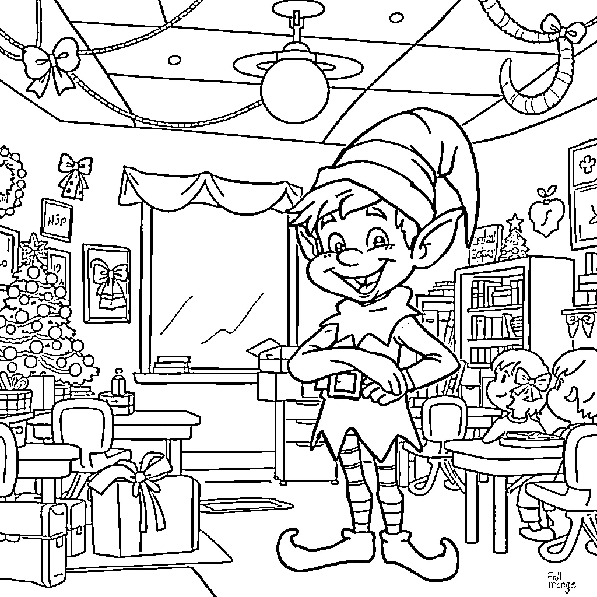 Elf Decorating Festive Room with Christmas Cheer Coloring Page (free black-and-white line drawing printable PDF for all, from beginners to advanced learners, including children, teens, adults, and seniors)