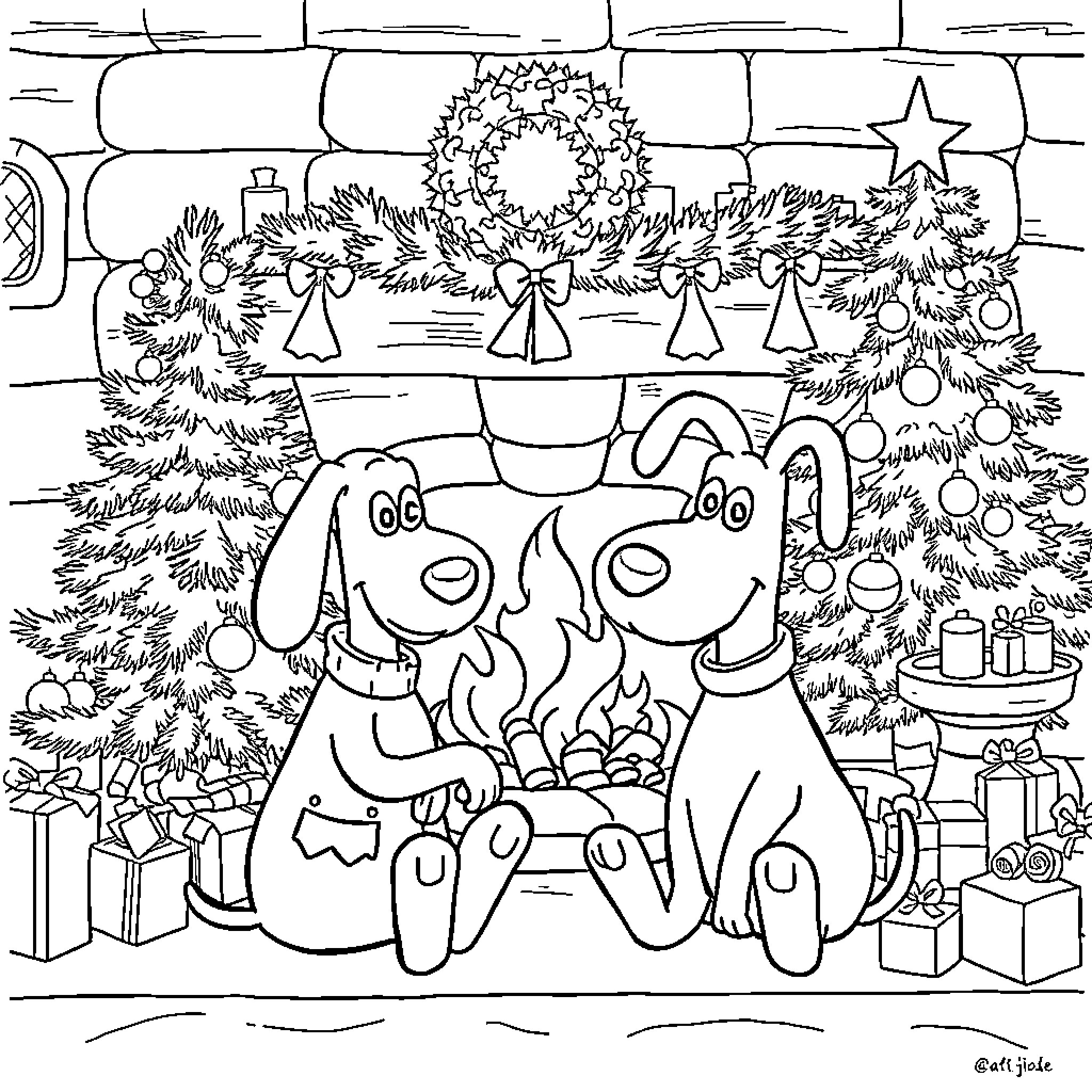 Wallace's Festive Dogs Enjoying the Christmas Decor Coloring Page (free black-and-white line drawing printable PDF for all, from beginners to advanced learners, including children, teens, adults, and seniors)