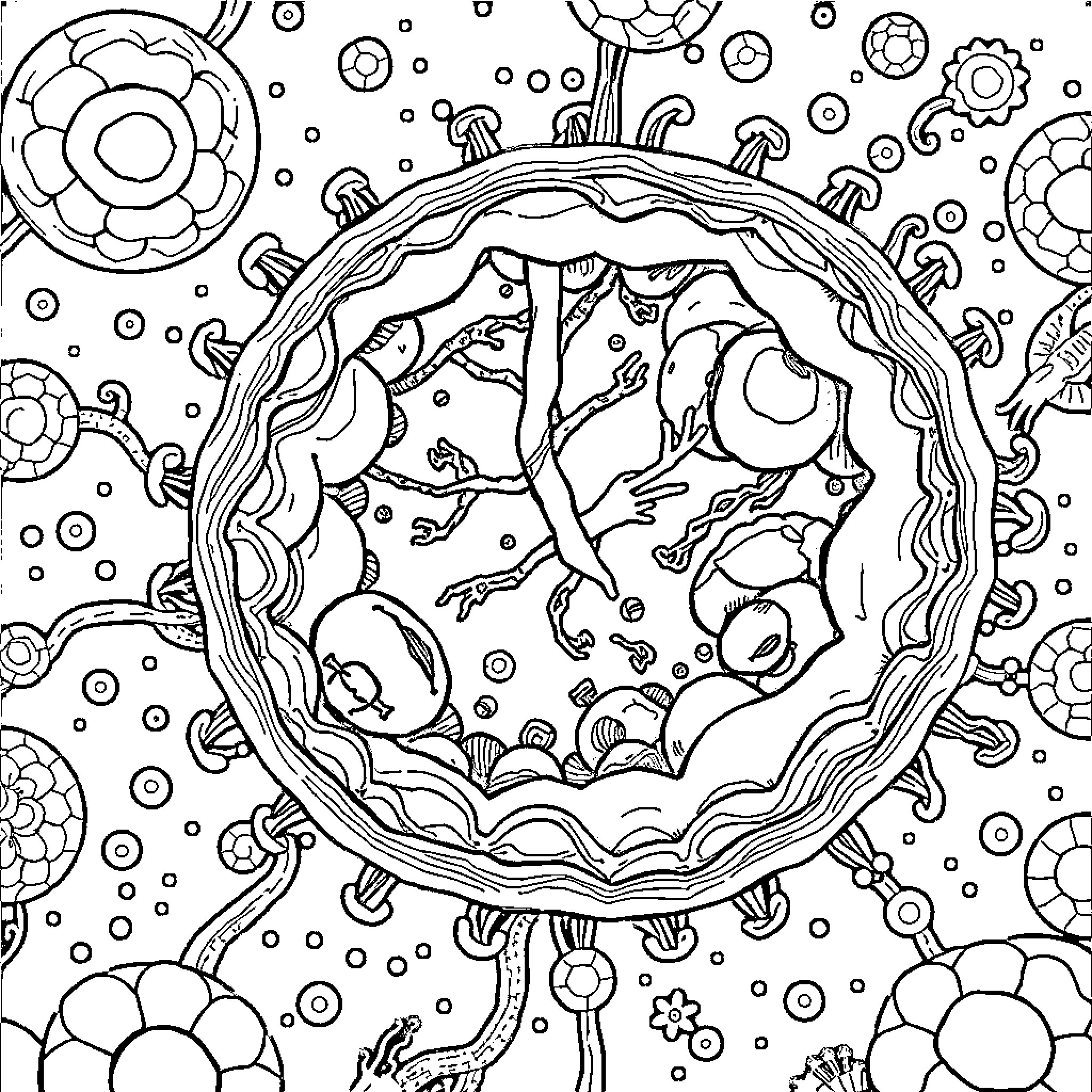 Cell Containing Colorful Abstract Organisms Coloring Page (free black-and-white line drawing printable PDF for all, from beginners to advanced learners, including children, teens, adults, and seniors)