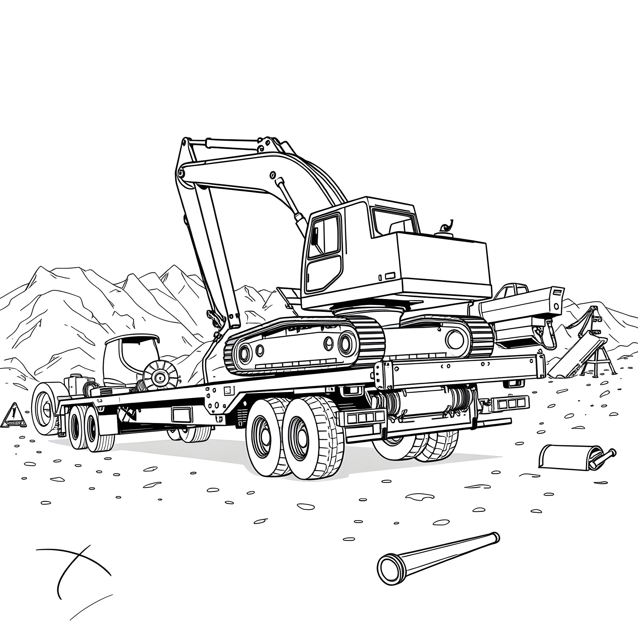 Lowboy Trailer Transporting Heavy Machinery in the Countryside Coloring Page (free black-and-white line drawing printable PDF for all, from beginners to advanced learners, including children, teens, adults, and seniors)
