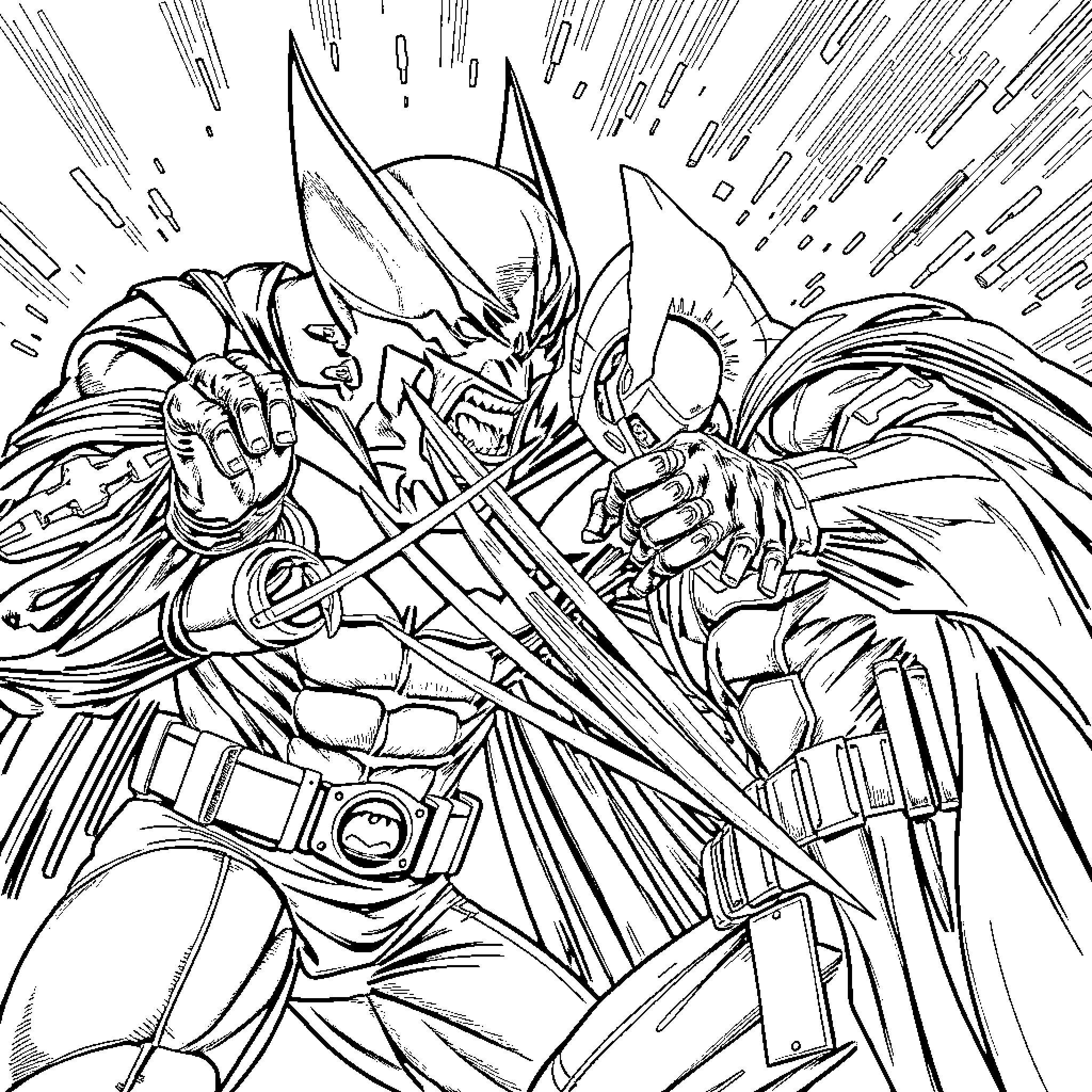 Wolverine engaged in an intense battle with a fierce opponent Coloring Page (free black-and-white line drawing printable PDF for all, from beginners to advanced learners, including children, teens, adults, and seniors)