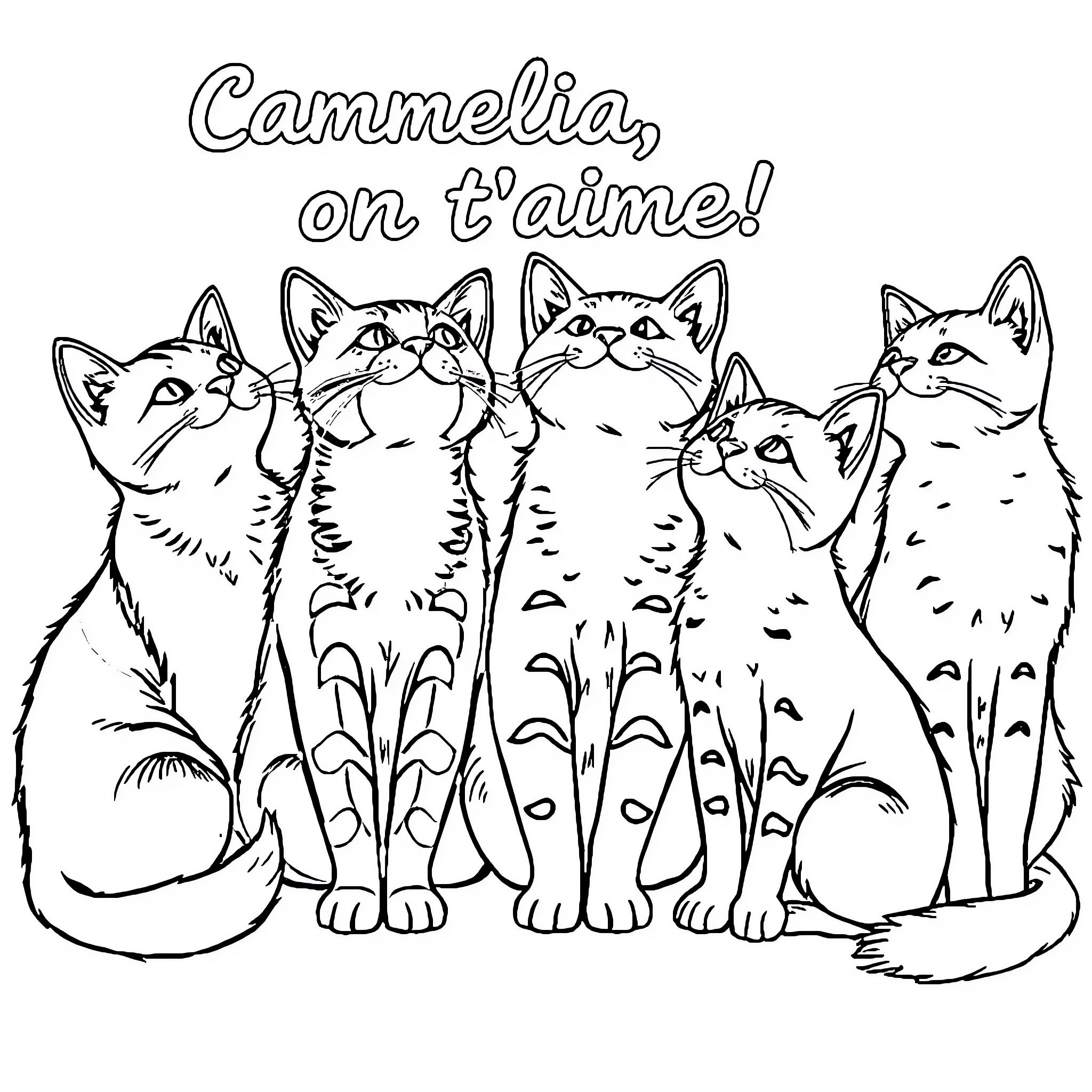 Cat family on t'aime! Coloring Page (free black-and-white line drawing printable PDF for all, from beginners to advanced learners, including children, teens, adults, and seniors)