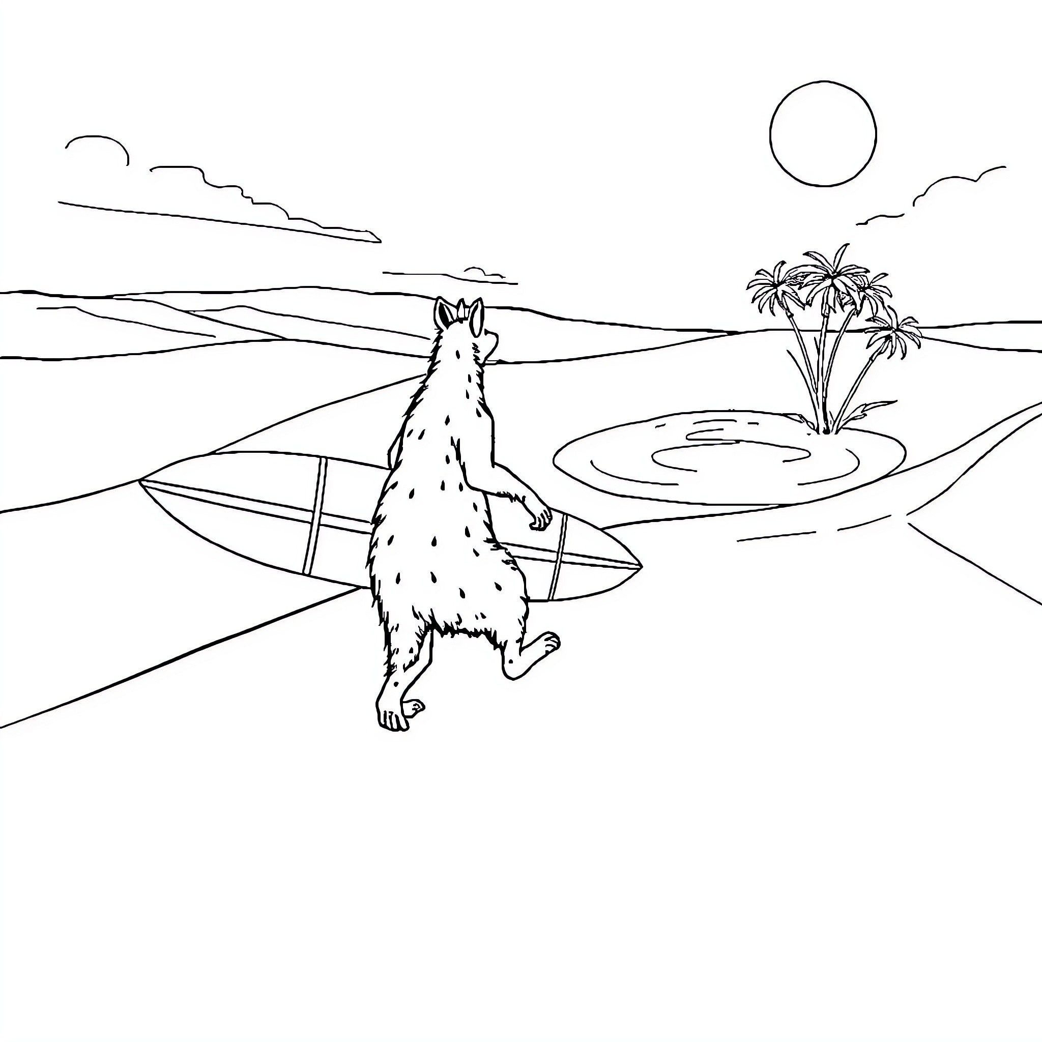 Kangaroo relaxing on the beach with surfboard Coloring Page (free black-and-white line drawing printable PDF for all, from beginners to advanced learners, including children, teens, adults, and seniors)