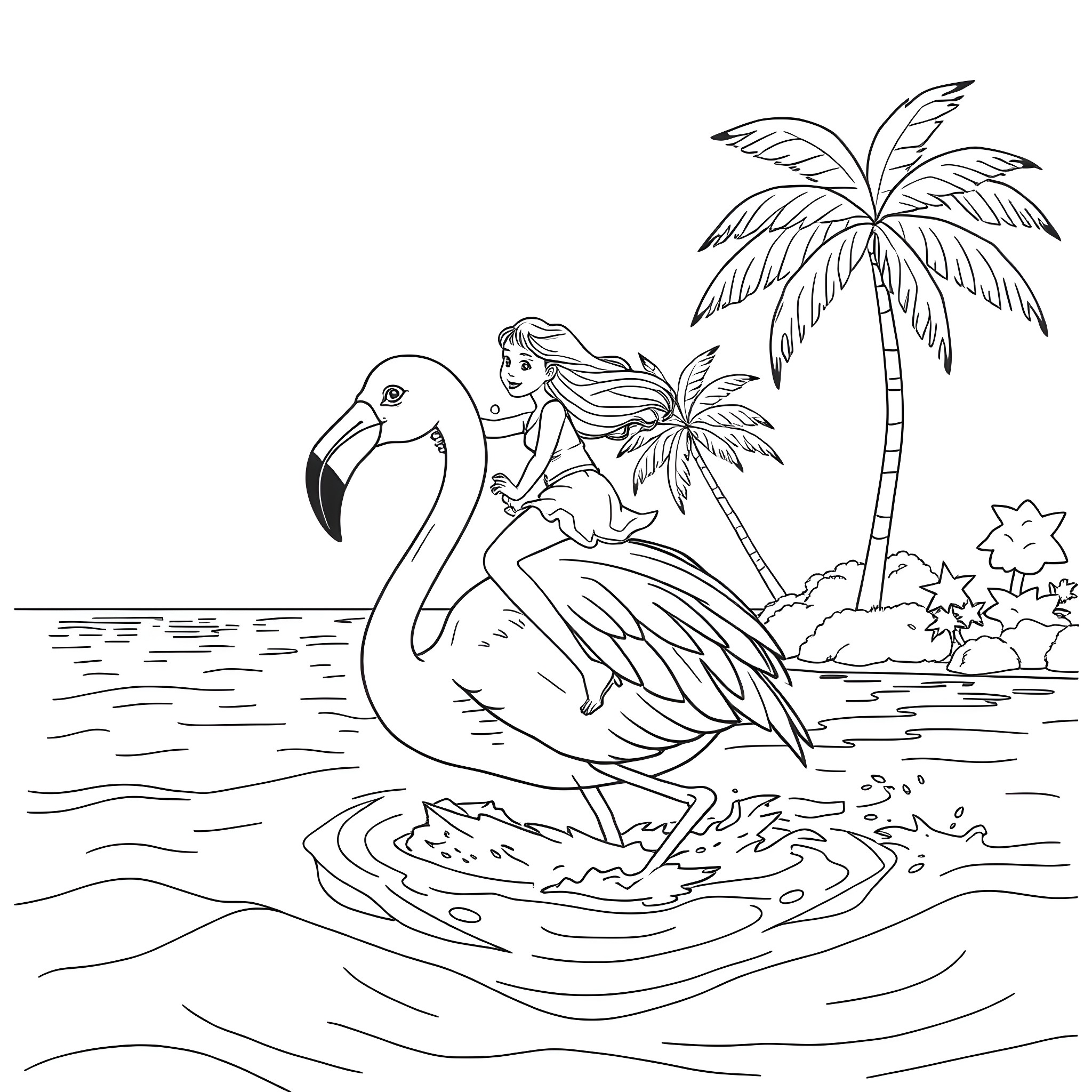 Girl riding a flamingo near tropical palm trees Coloring Page (free black-and-white line drawing printable PDF for all, from beginners to advanced learners, including children, teens, adults, and seniors)