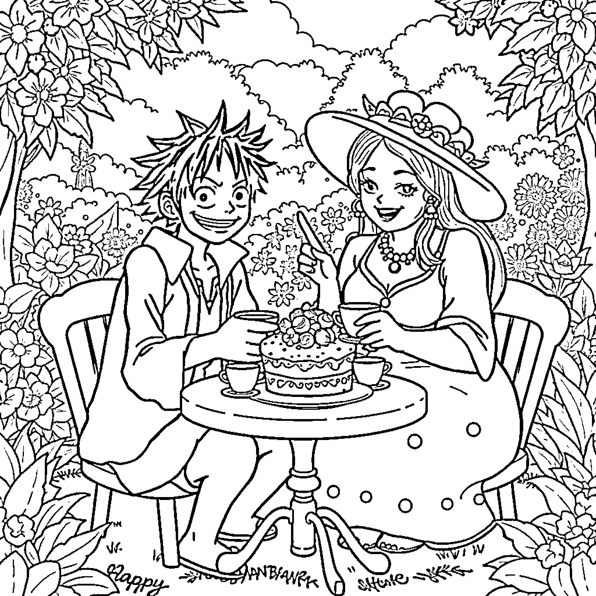 Luffy enjoying a picnic with a friend in a lush garden Coloring Page (free black-and-white line drawing printable PDF for all, from beginners to advanced learners, including children, teens, adults, and seniors)