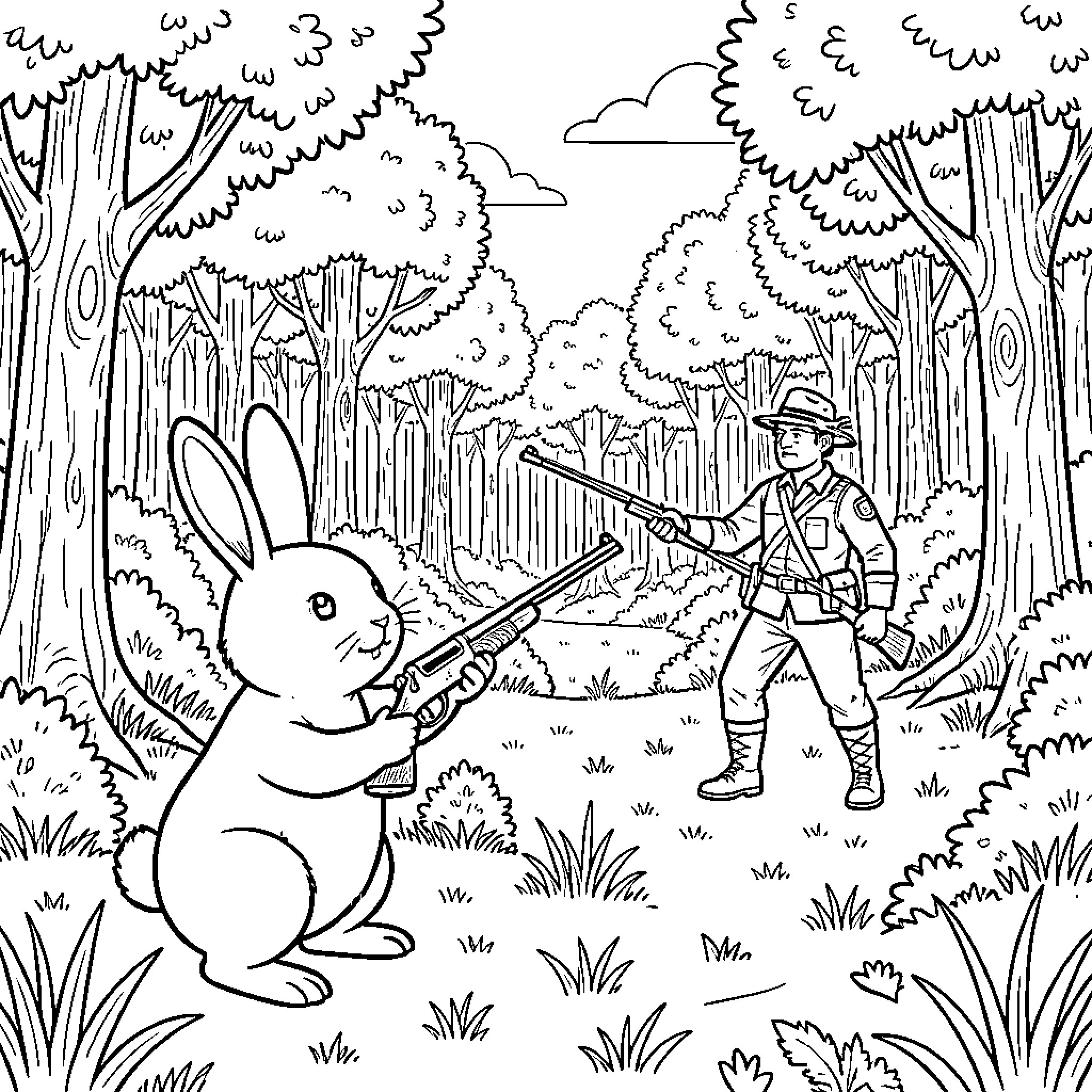 Rabbit holding a rifle facing a forest ranger Coloring Page (free black-and-white line drawing printable PDF for all, from beginners to advanced learners, including children, teens, adults, and seniors)
