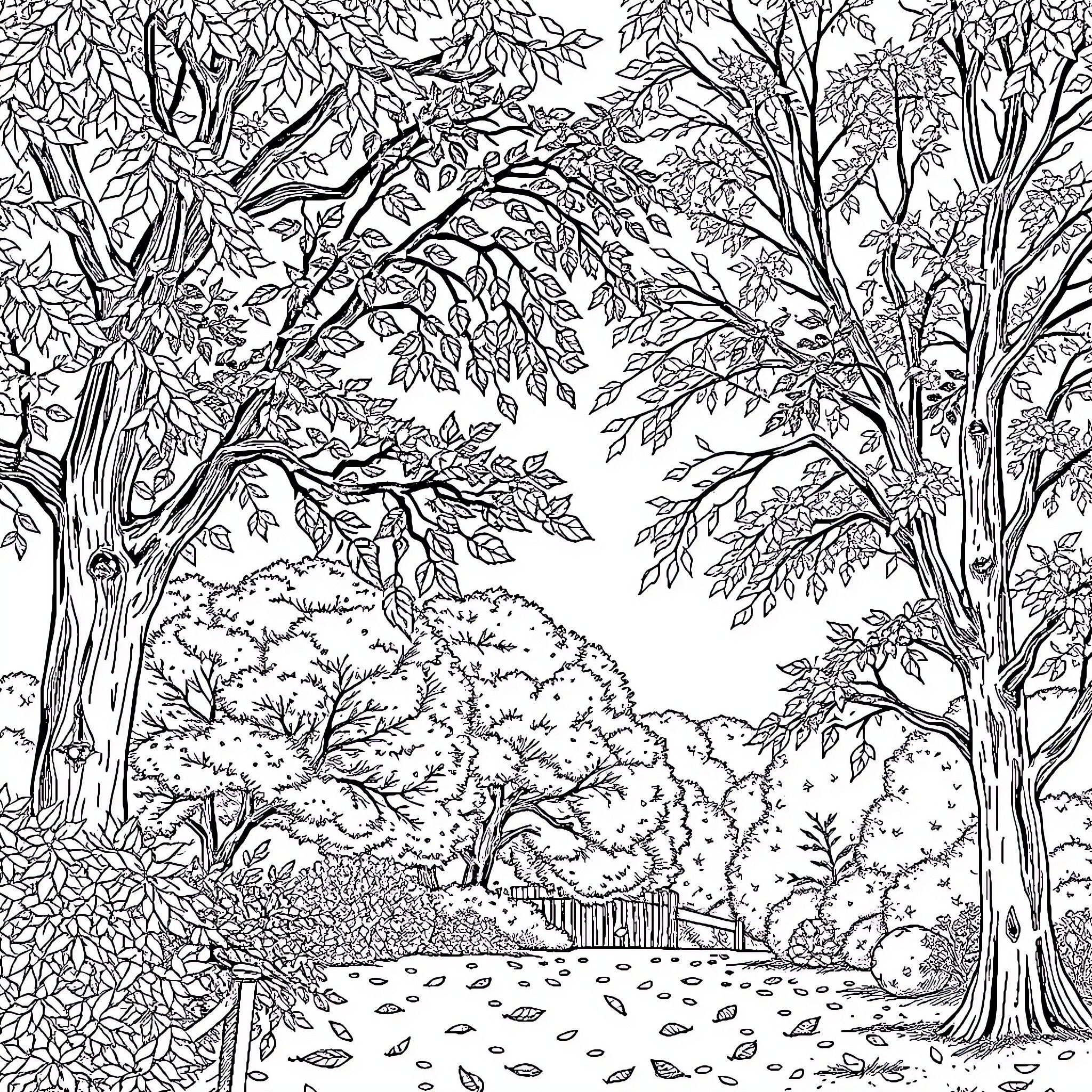 Autumn Scenery in the Enchanting Forest Coloring Page (free black-and-white line drawing printable PDF for all, from beginners to advanced learners, including children, teens, adults, and seniors)
