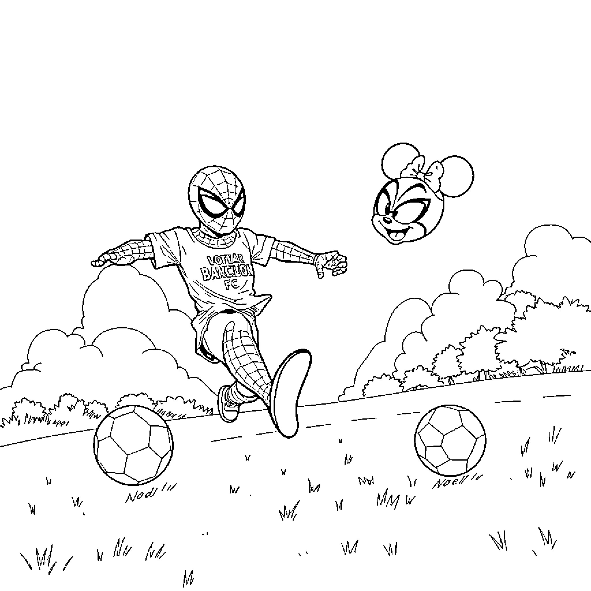 Spiderman playing soccer with Minnie Mouse in the park Coloring Page (free black-and-white line drawing printable PDF for all, from beginners to advanced learners, including children, teens, adults, and seniors)