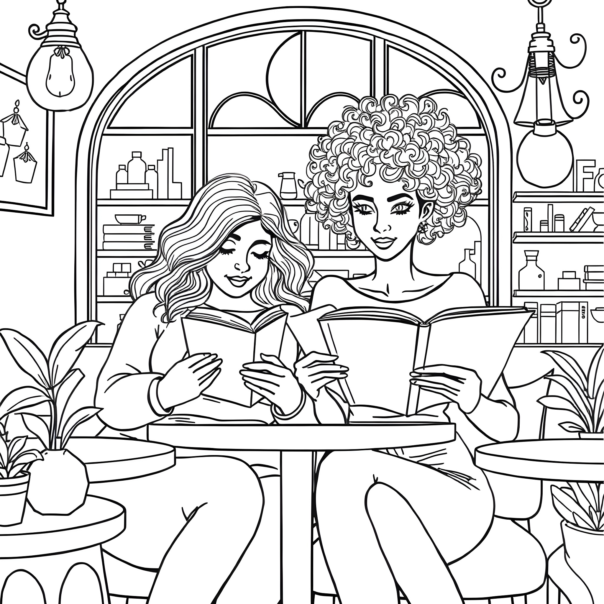 Woman reading books with friend in cozy indoor setting Coloring Page (free black-and-white line drawing printable PDF for all, from beginners to advanced learners, including children, teens, adults, and seniors)