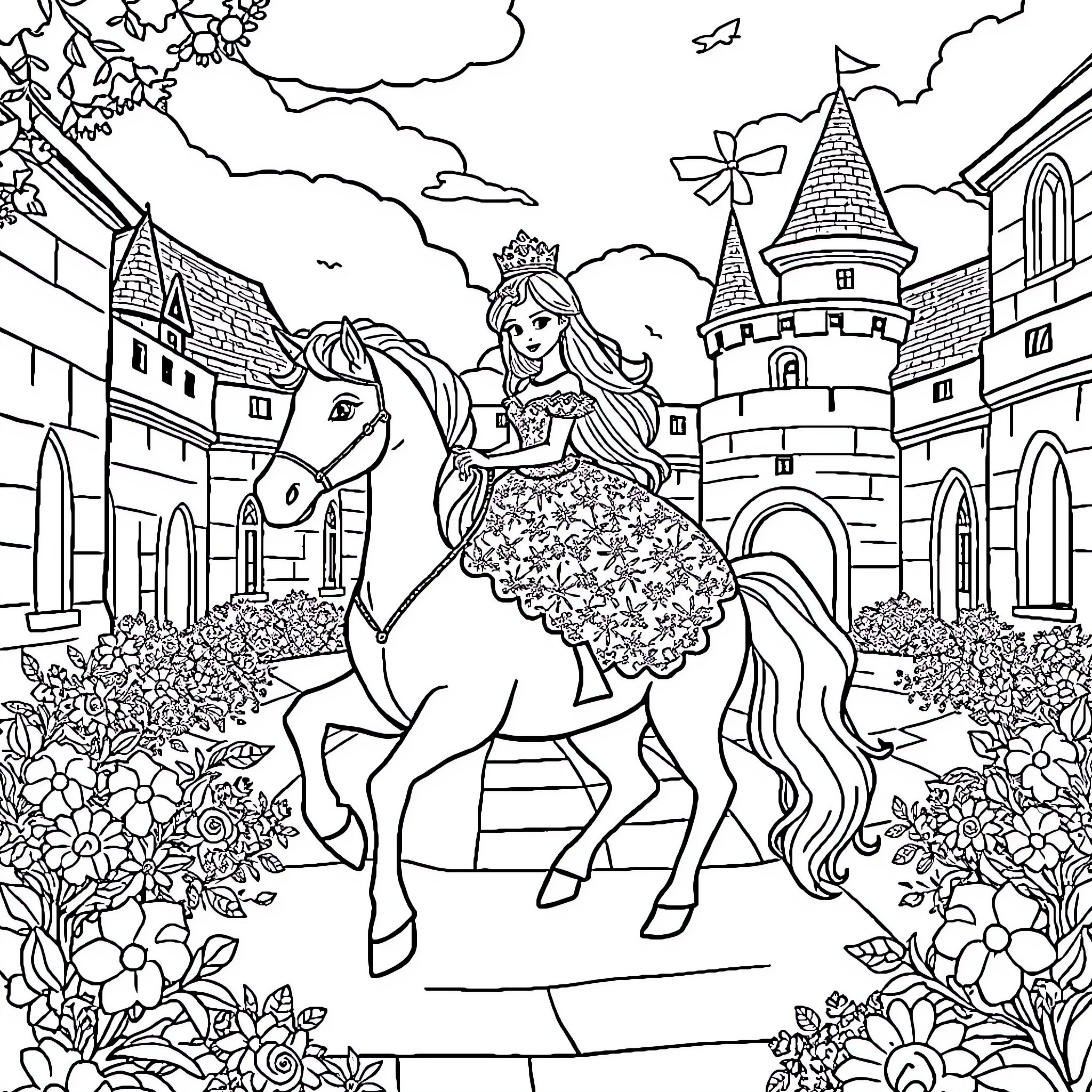 Princess riding a horse in a magical castle garden Coloring Page (free black-and-white line drawing printable PDF for all, from beginners to advanced learners, including children, teens, adults, and seniors)