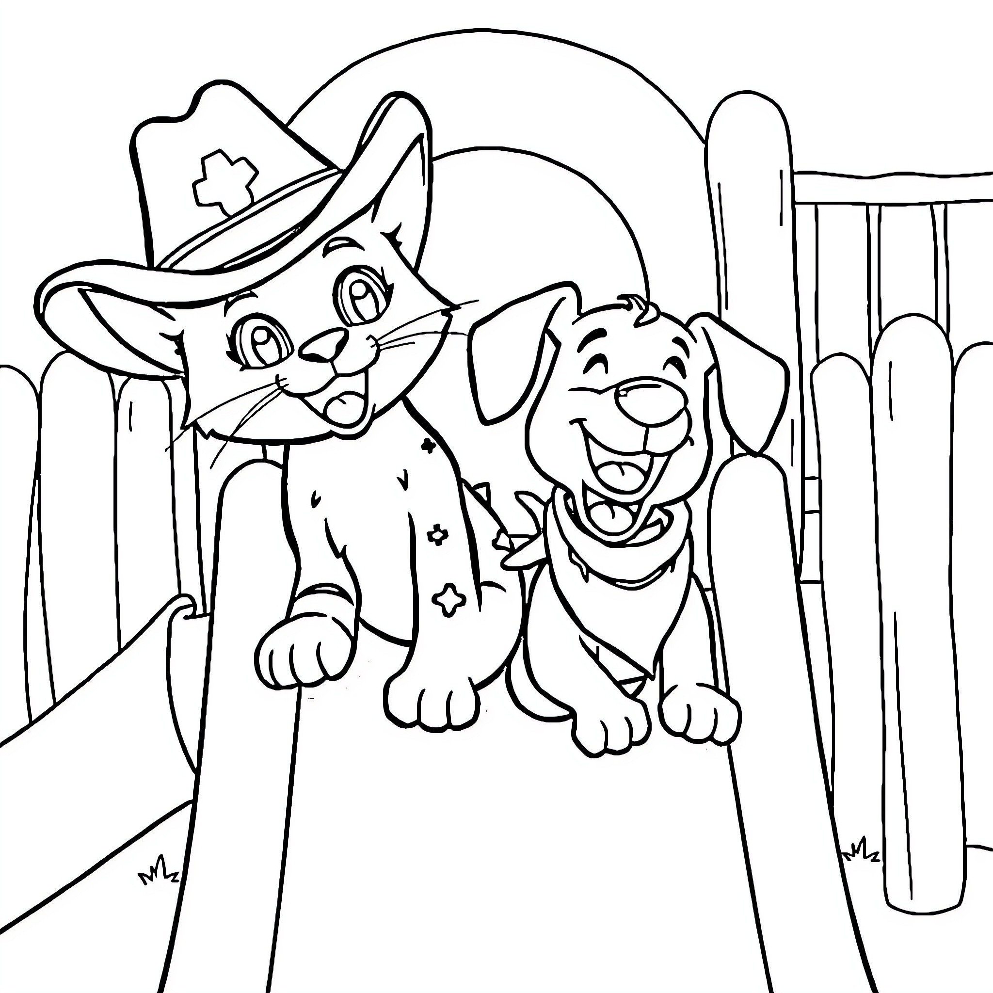 Cat and Dog Dressed Up for Halloween Coloring Page (free black-and-white line drawing printable PDF for all, from beginners to advanced learners, including children, teens, adults, and seniors)