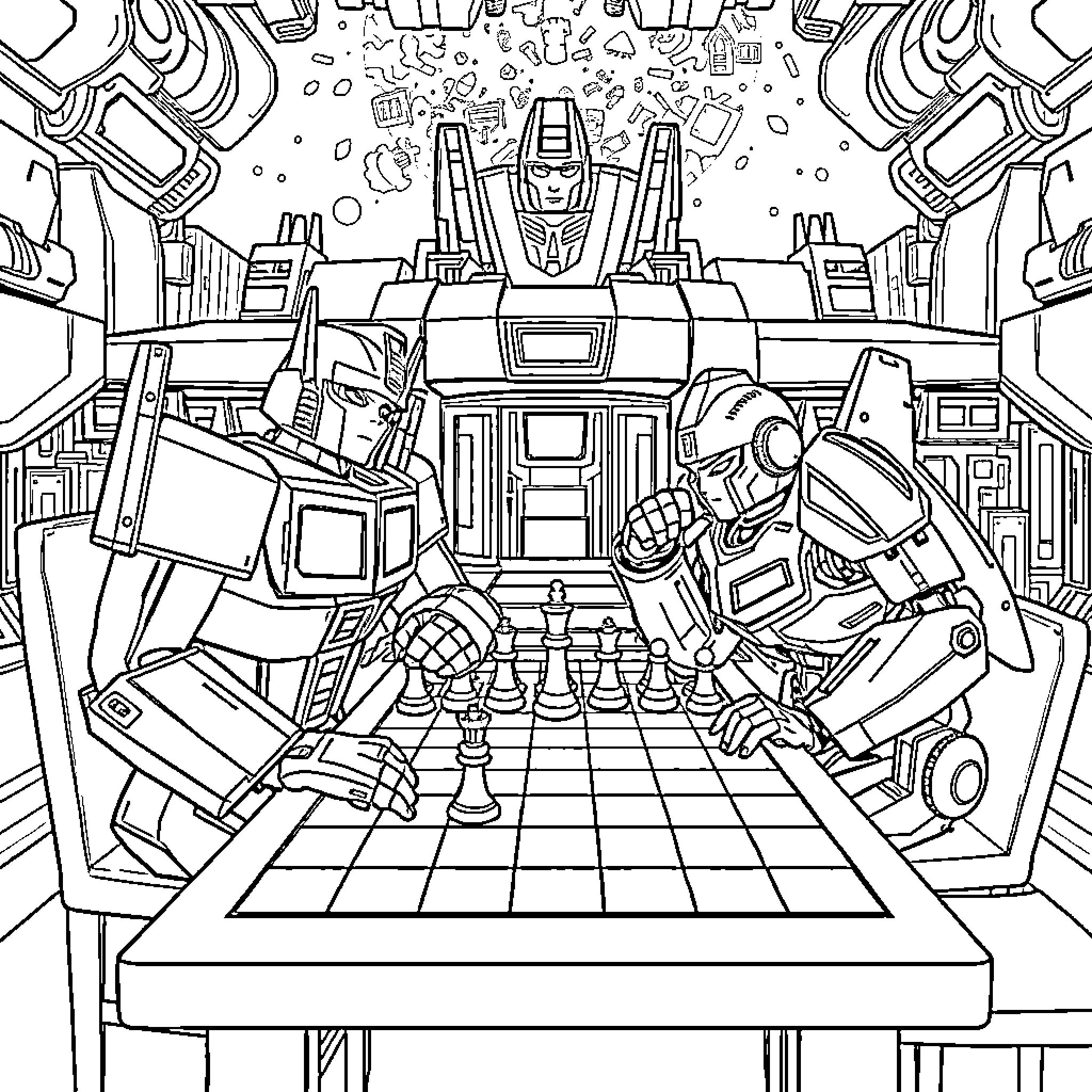Optimus Prime playing chess against Decepticons in the command center Coloring Page (free black-and-white line drawing printable PDF for all, from beginners to advanced learners, including children, teens, adults, and seniors)